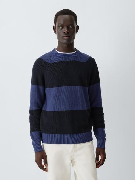 John Lewis Cotton Blend Rib Knit Striped Crew Neck Jumper, Navy/Blue