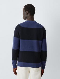 John Lewis Cotton Blend Rib Knit Striped Crew Neck Jumper - view 2, Navy/Blue