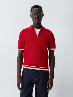 John Lewis Zip Neck Short Sleeve Textured Cotton Knit Polo Shirt, Red, Red