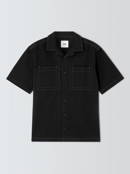 Kin Short Sleeve Topstitch Cotton Shirt - view 2, Meteorite