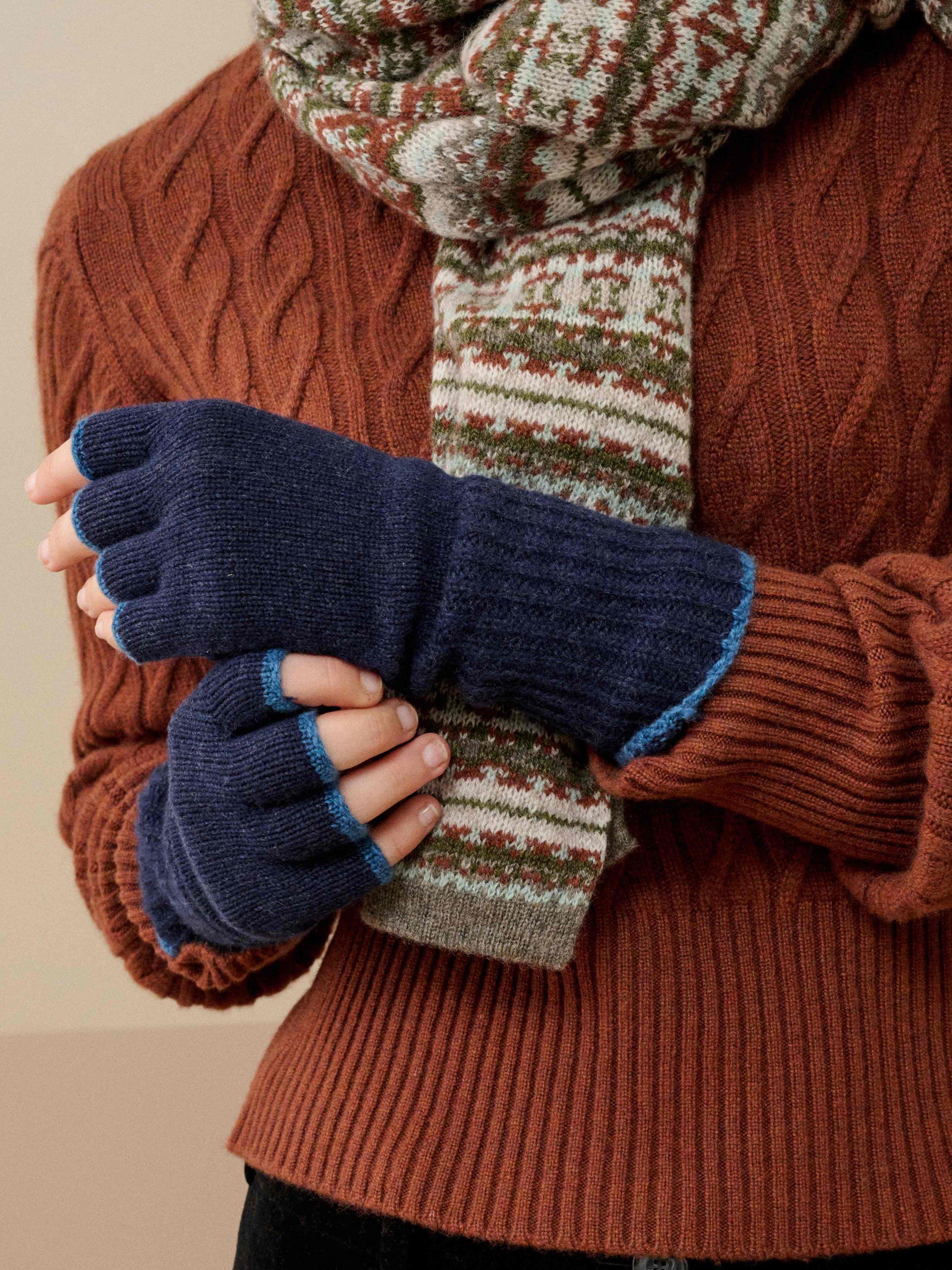 Product image 2 of 2, which shows Brora Pure Cashmere Fingerless Gloves, French Navy/Jay, One Size
