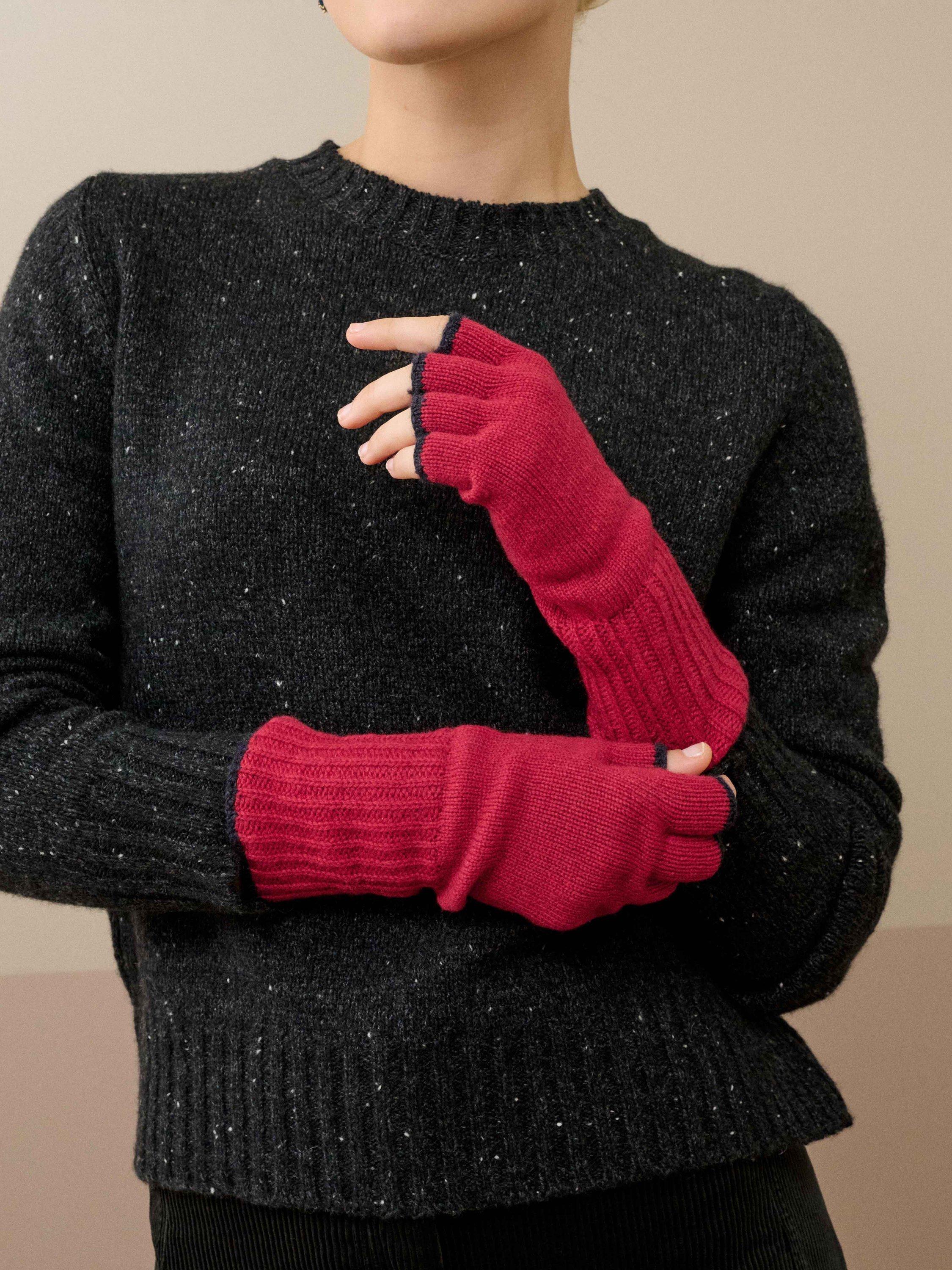 Product image 2 of 2, which shows Brora Pure Cashmere Fingerless Gloves, Garnet/Midnight, One Size