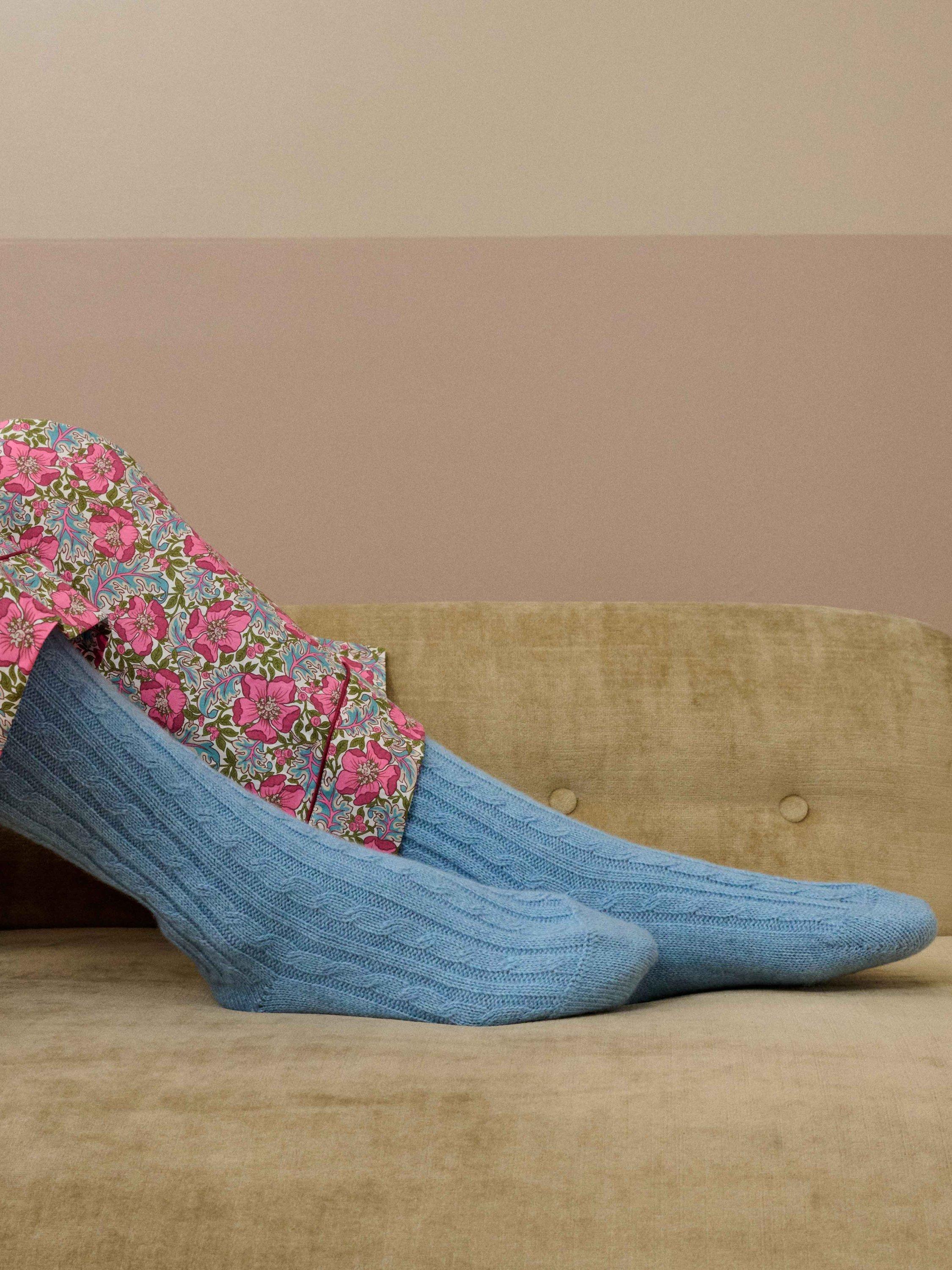 Product image 2 of 2, which shows Brora Cashmere Cable Knit Bed Socks, Wedgewood, One Size