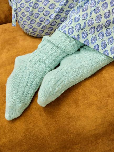 Brora Cashmere Cable Knit Bed Socks, Seaspray - view 2, Seaspray