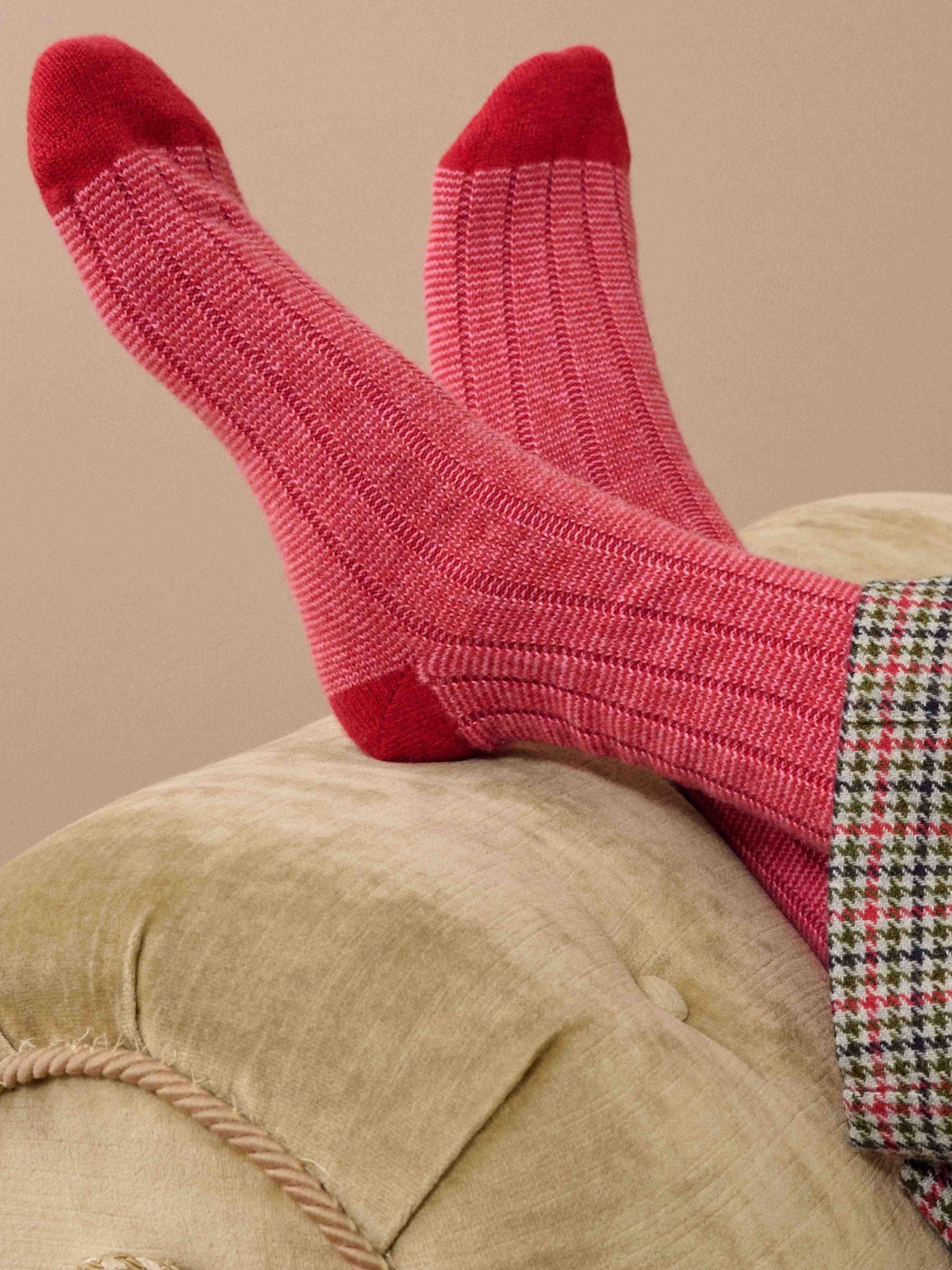 Product image 2 of 2, which shows Brora Stripe Cashmere Rich Socks, Garnet/Peony, 4-5