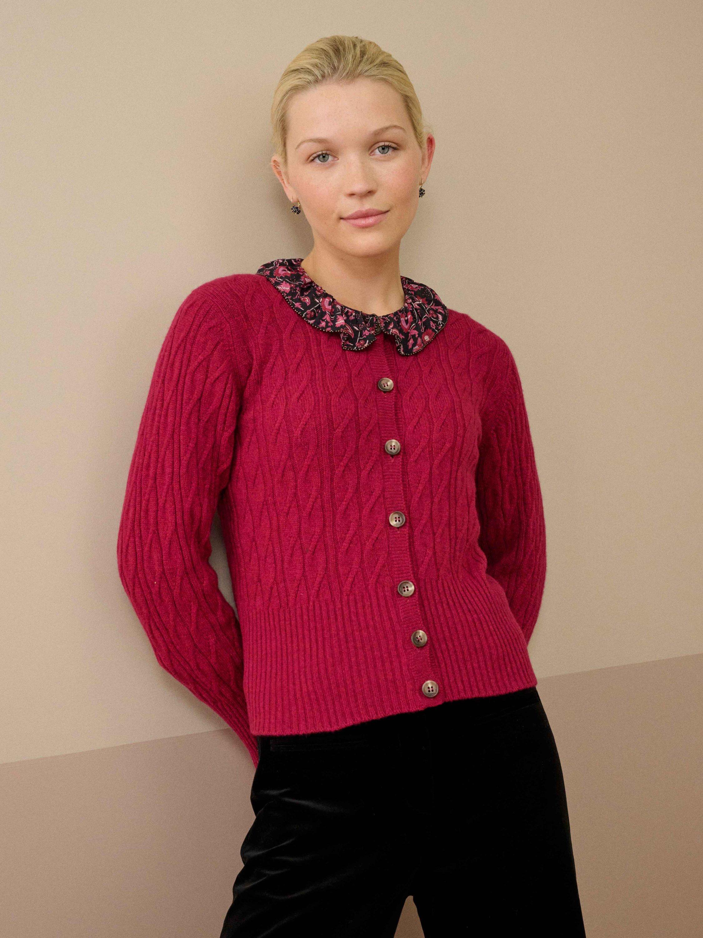 Product image 2 of 4, which shows Brora Cashmere Cable Knit Round Neck Cardigan, Mulberry, 12