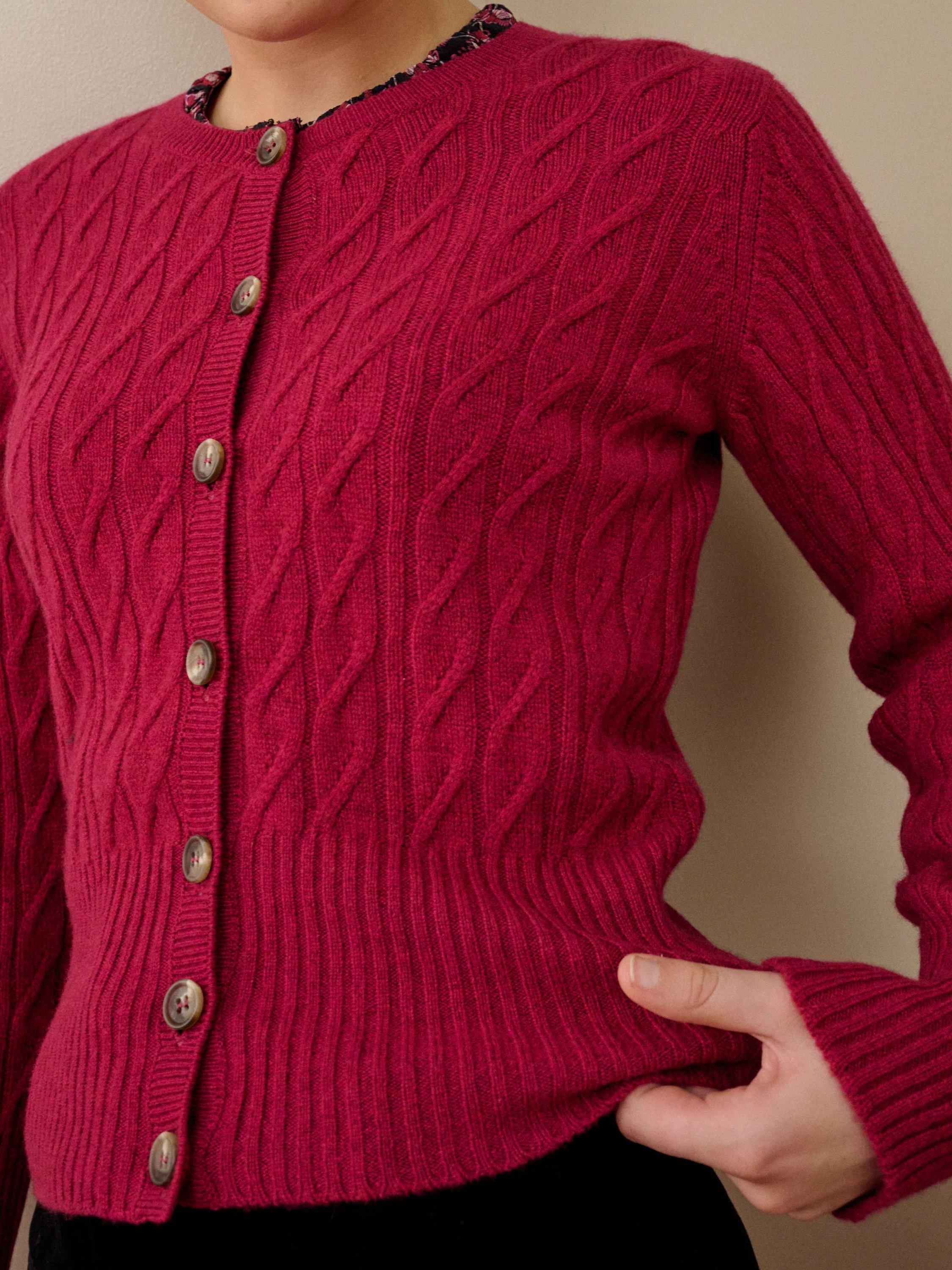 Product image 3 of 4, which shows Brora Cashmere Cable Knit Round Neck Cardigan, Mulberry, 12