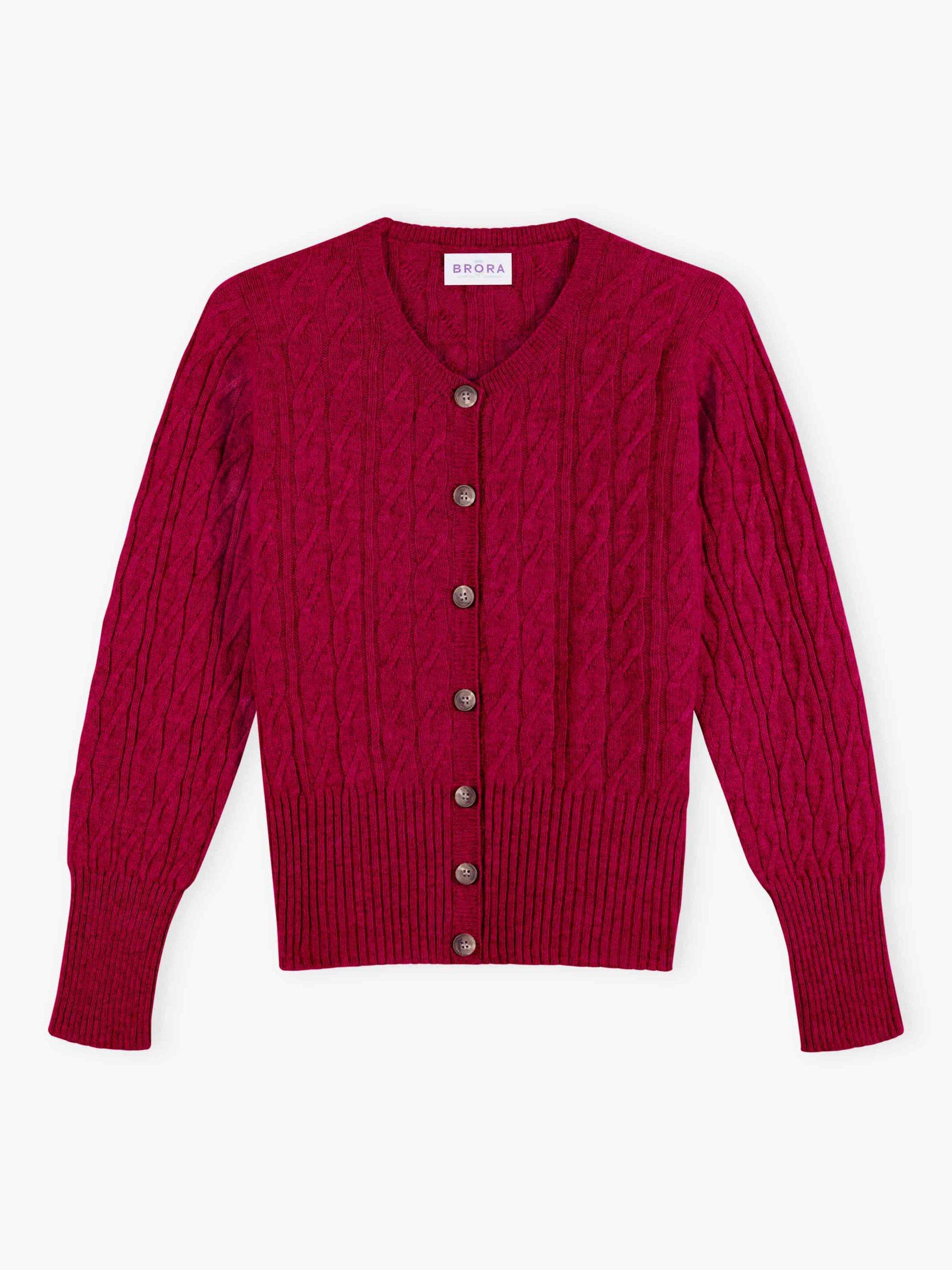 Product image 4 of 4, which shows Brora Cashmere Cable Knit Round Neck Cardigan, Mulberry, 12