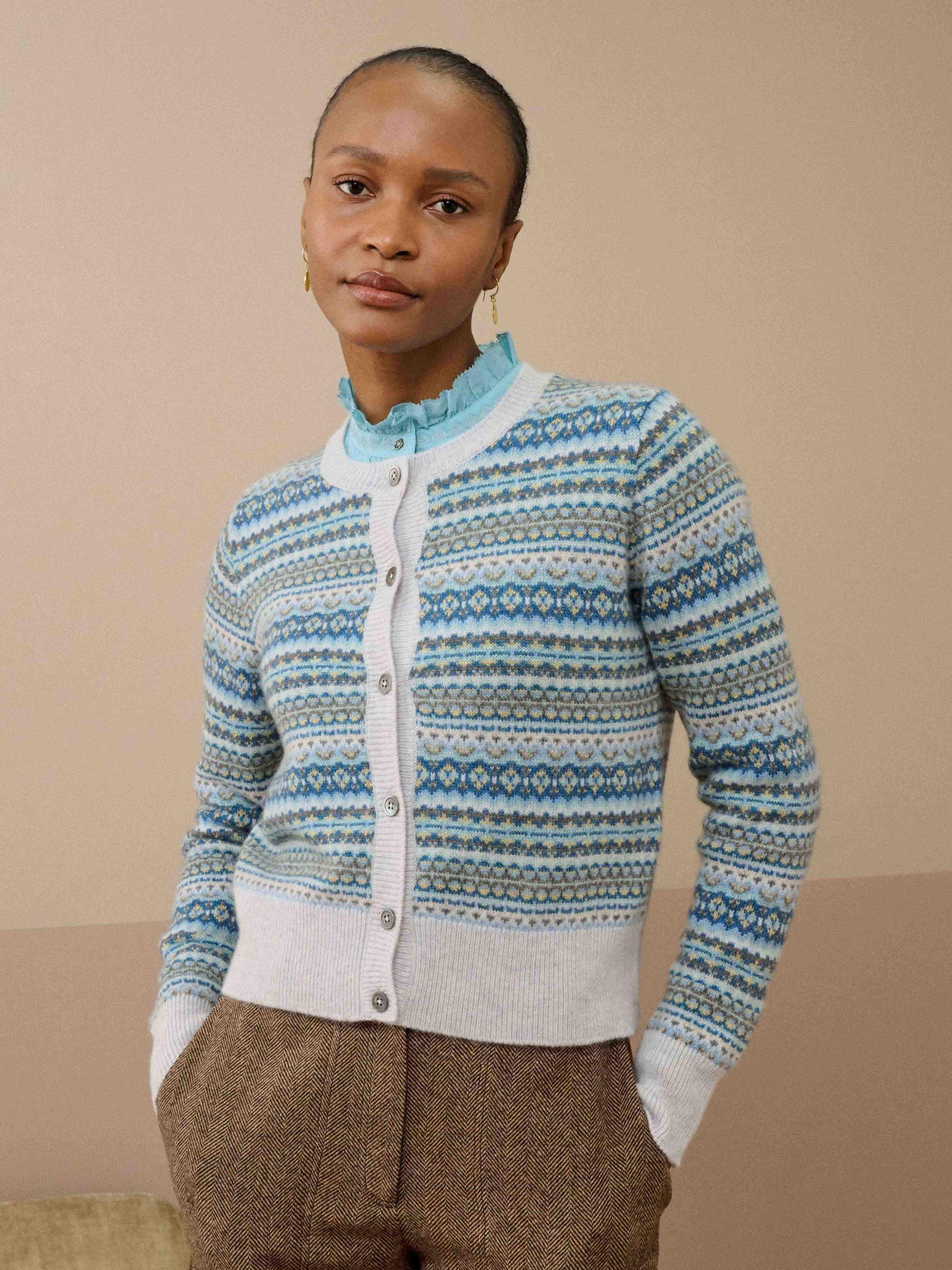 Brora Fair isle Pure Cashmere Cardigan, Pearl