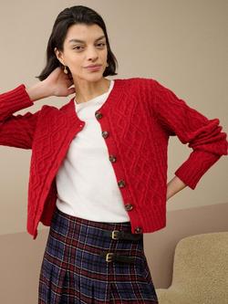 Brora Donegal Wool Aran Cable Knit Cardigan, Ruby