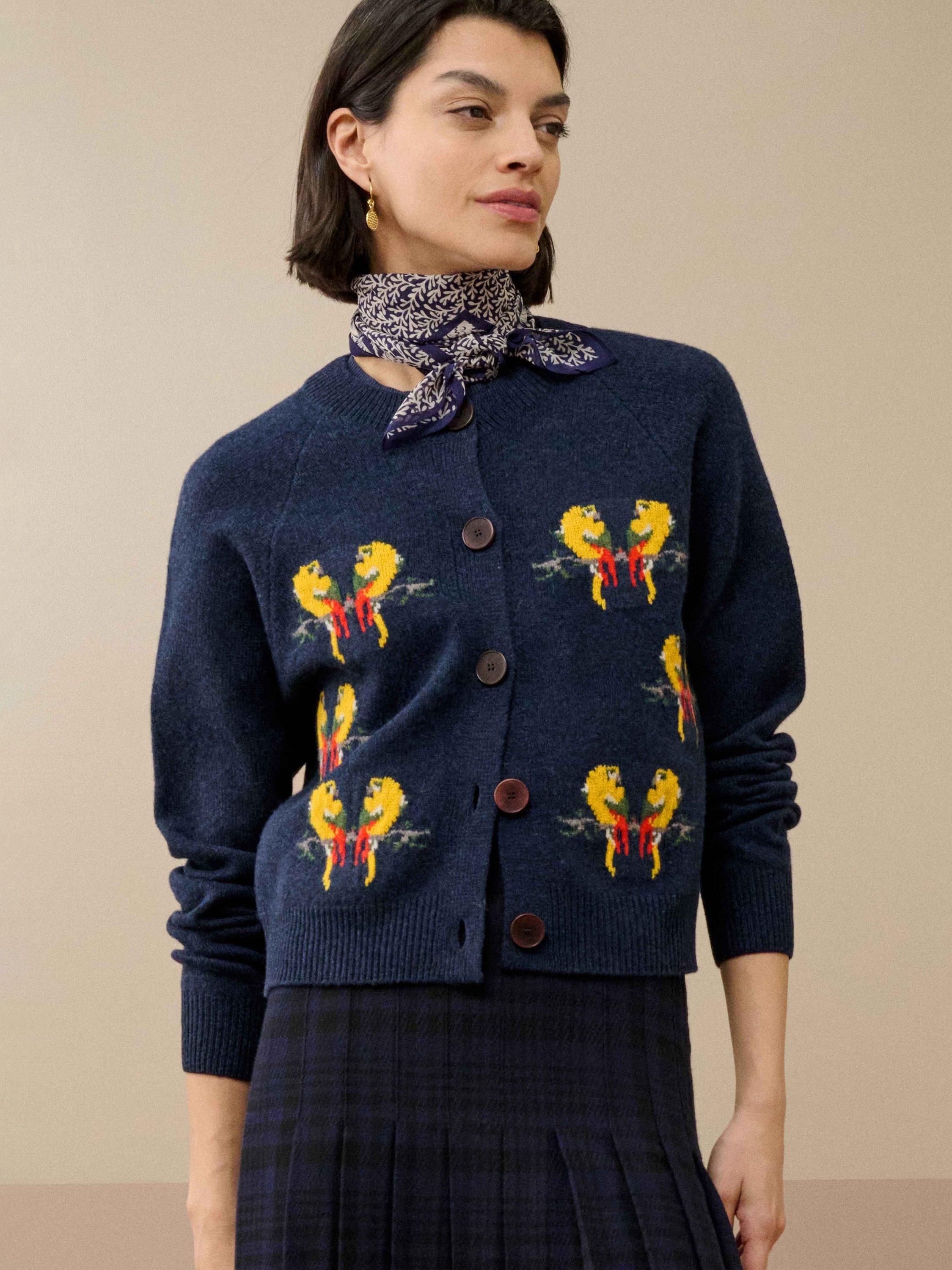 Product image 1 of 4, which shows Brora Wool Animal Print Round Neck Cardigan, Neptune, 8-10