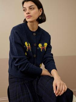 Brora Wool Animal Print Round Neck Cardigan - view 2, Neptune