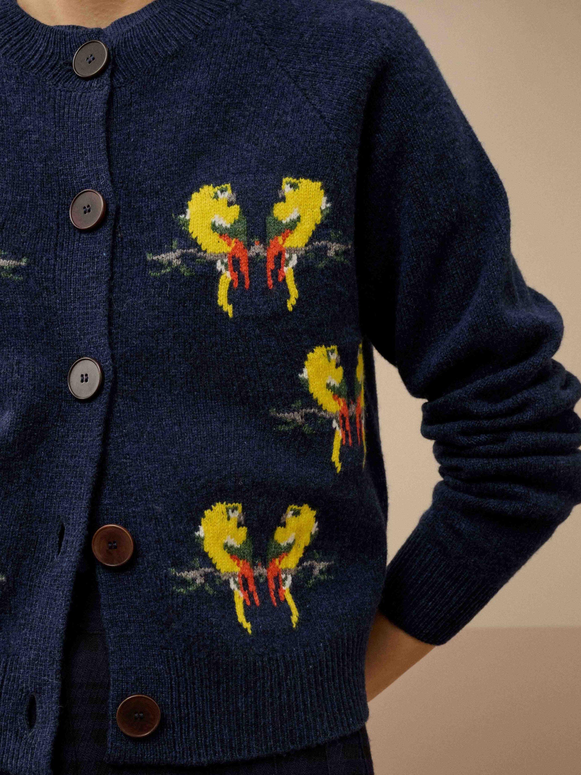 Product image 3 of 4, which shows Brora Wool Animal Print Round Neck Cardigan, Neptune, 8-10