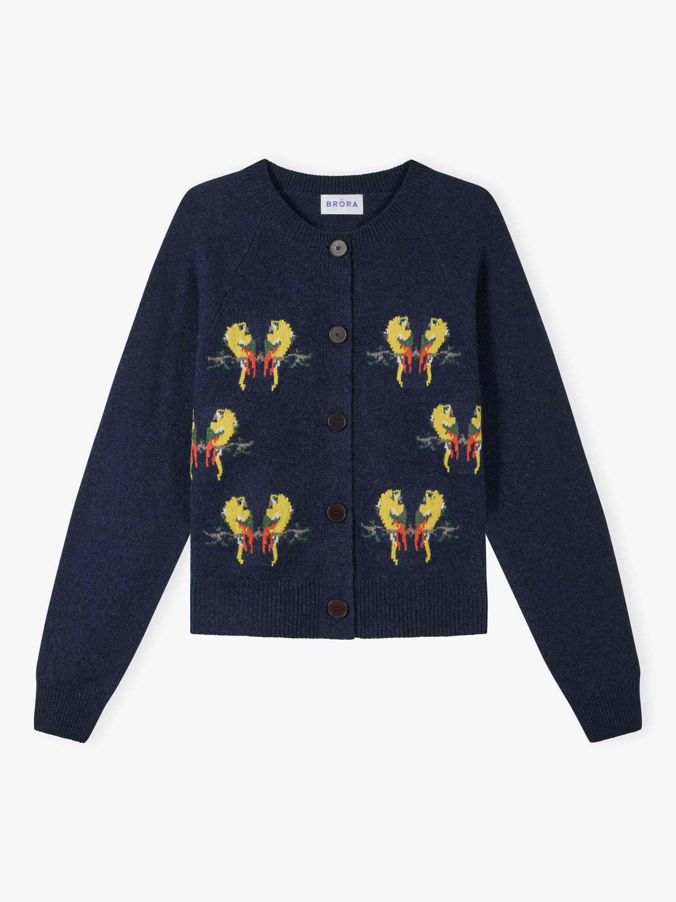 Product image 4 of 4, which shows Brora Wool Animal Print Round Neck Cardigan, Neptune, 8-10