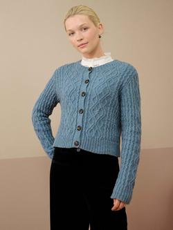 Brora Donegal Wool Aran Cable Knit Cardigan - view 2, Nimbus