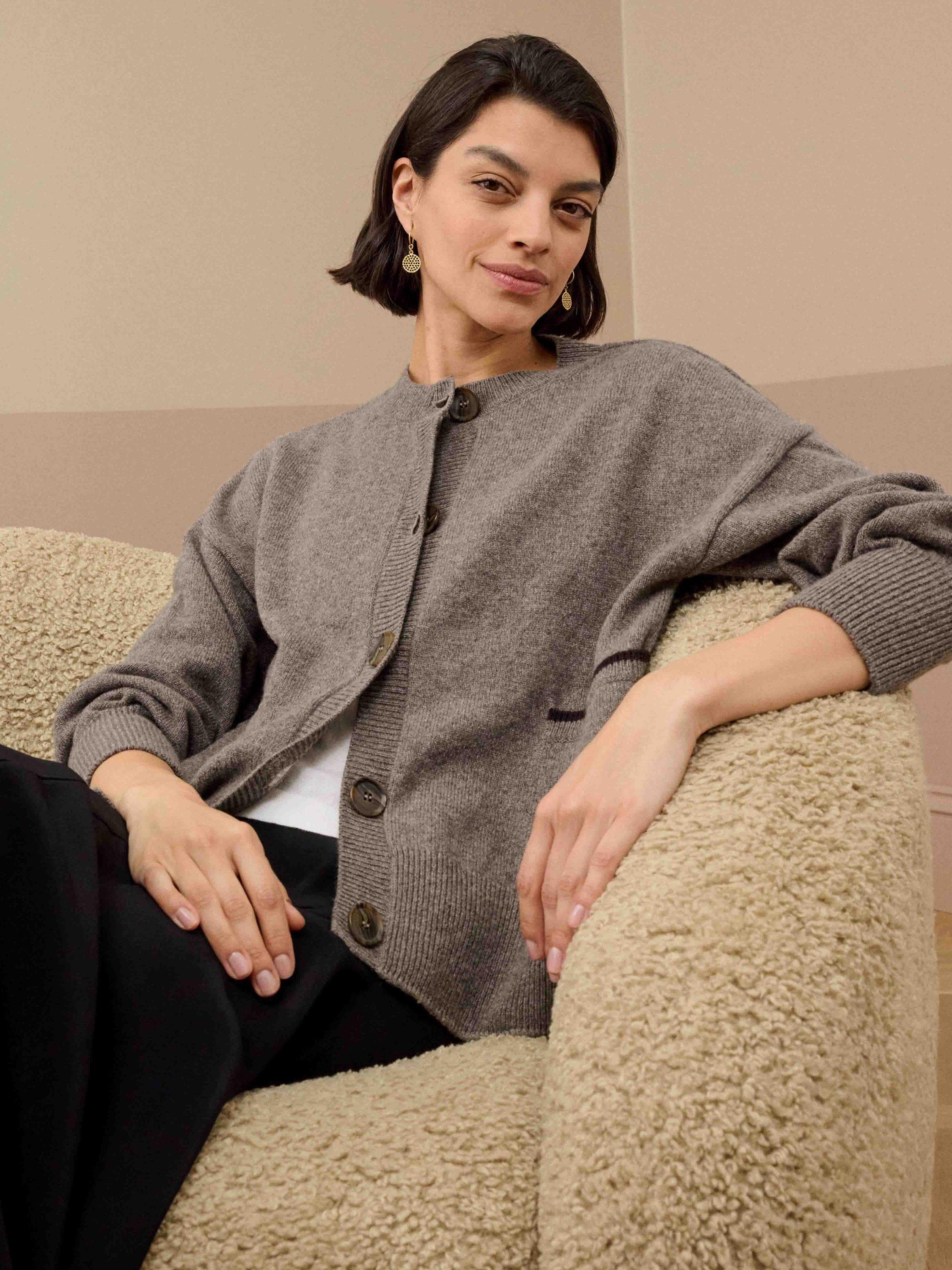 Product image 2 of 5, which shows Brora Round Neck Long Sleeve Lamswool Cardigan , Otter, 12-14
