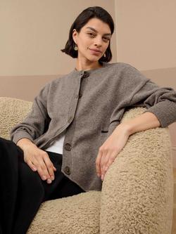 Brora Round Neck Long Sleeve Lamswool Cardigan - view 2, Otter
