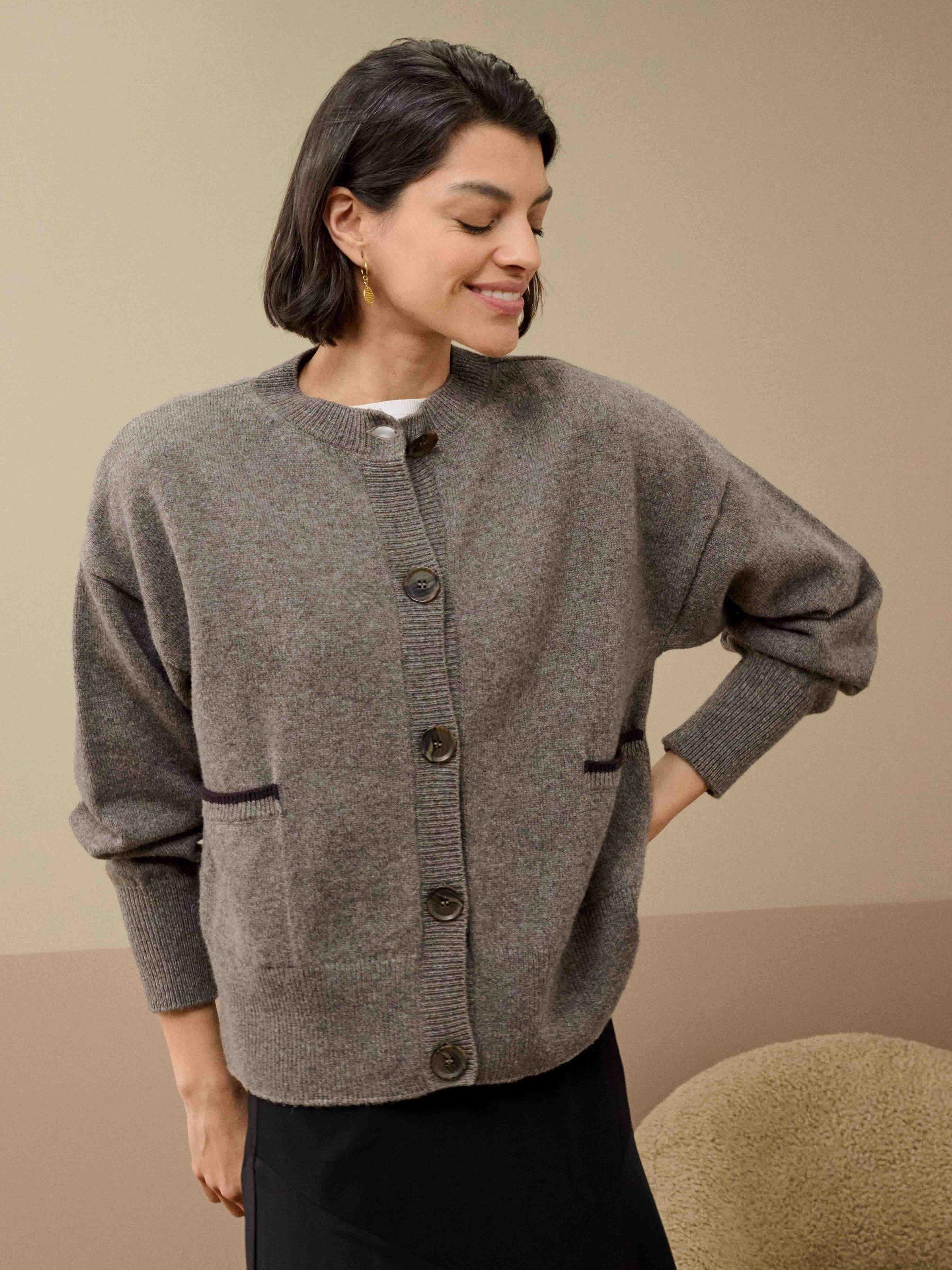 Product image 3 of 5, which shows Brora Round Neck Long Sleeve Lamswool Cardigan , Otter, 12-14