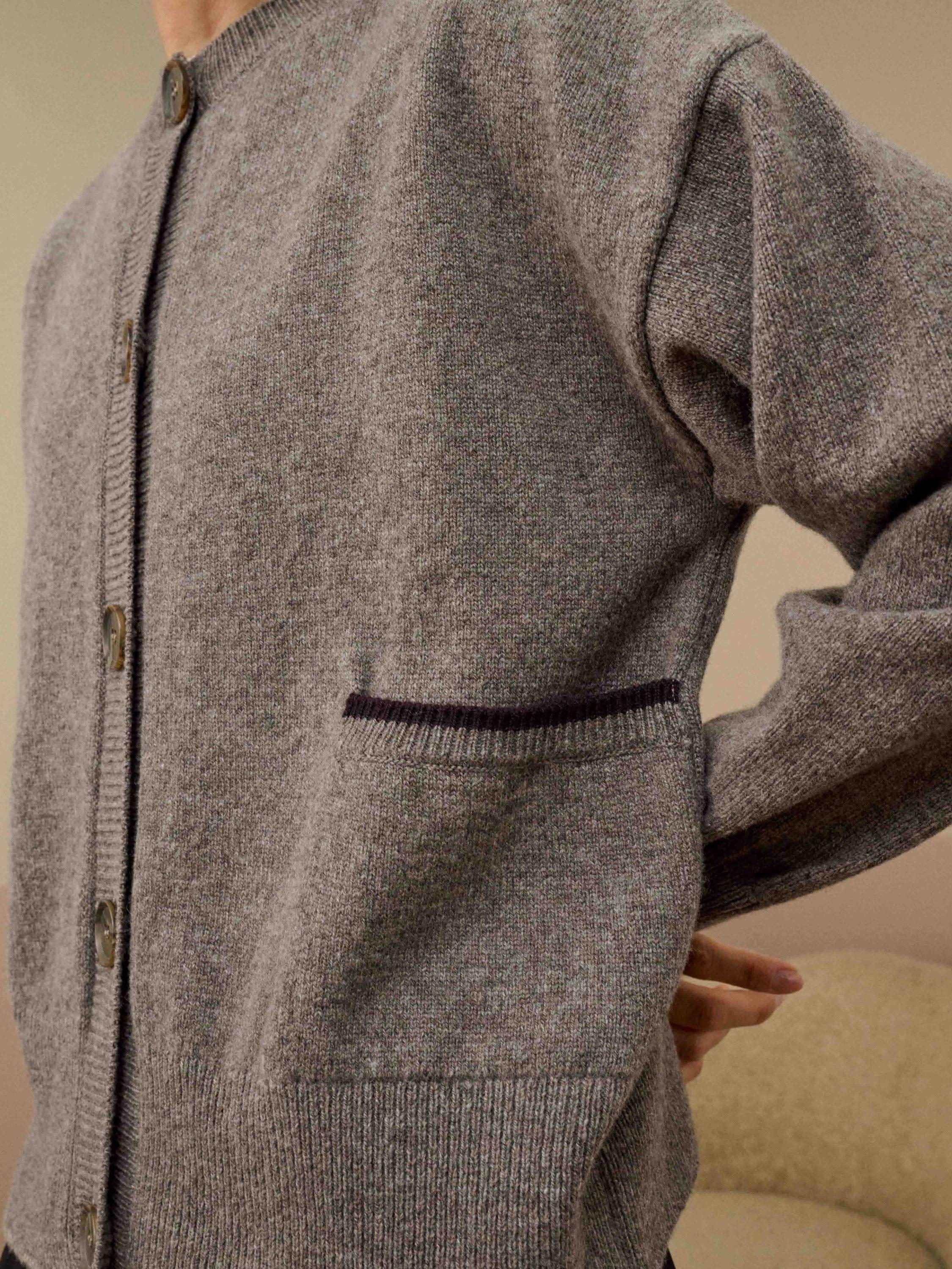 Product image 4 of 5, which shows Brora Round Neck Long Sleeve Lamswool Cardigan , Otter, 12-14