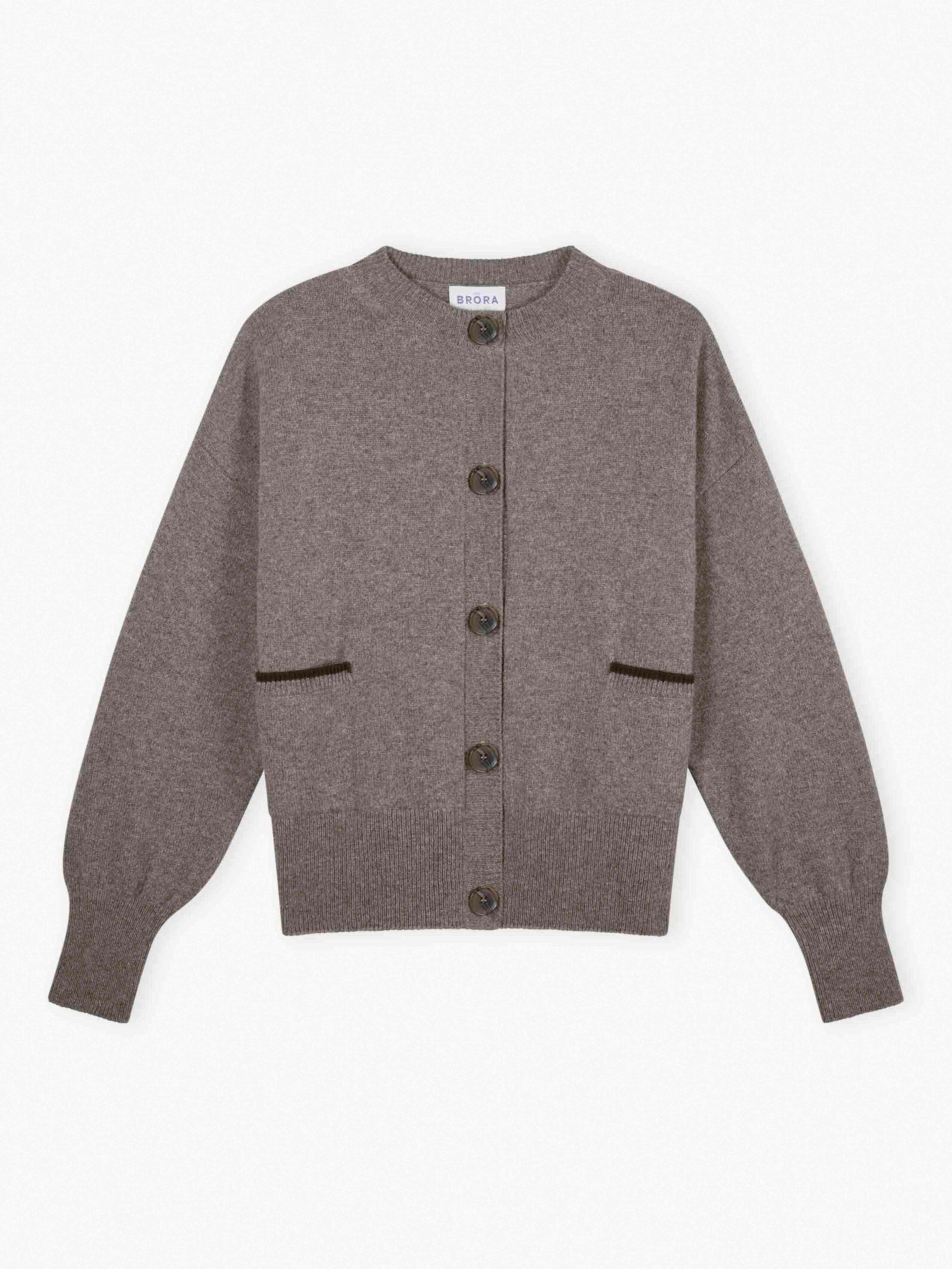 Product image 5 of 5, which shows Brora Round Neck Long Sleeve Lamswool Cardigan , Otter, 12-14