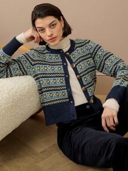Brora Fair Isle Pure Wool Cardigan, Navy/Multi, Navy/Multi