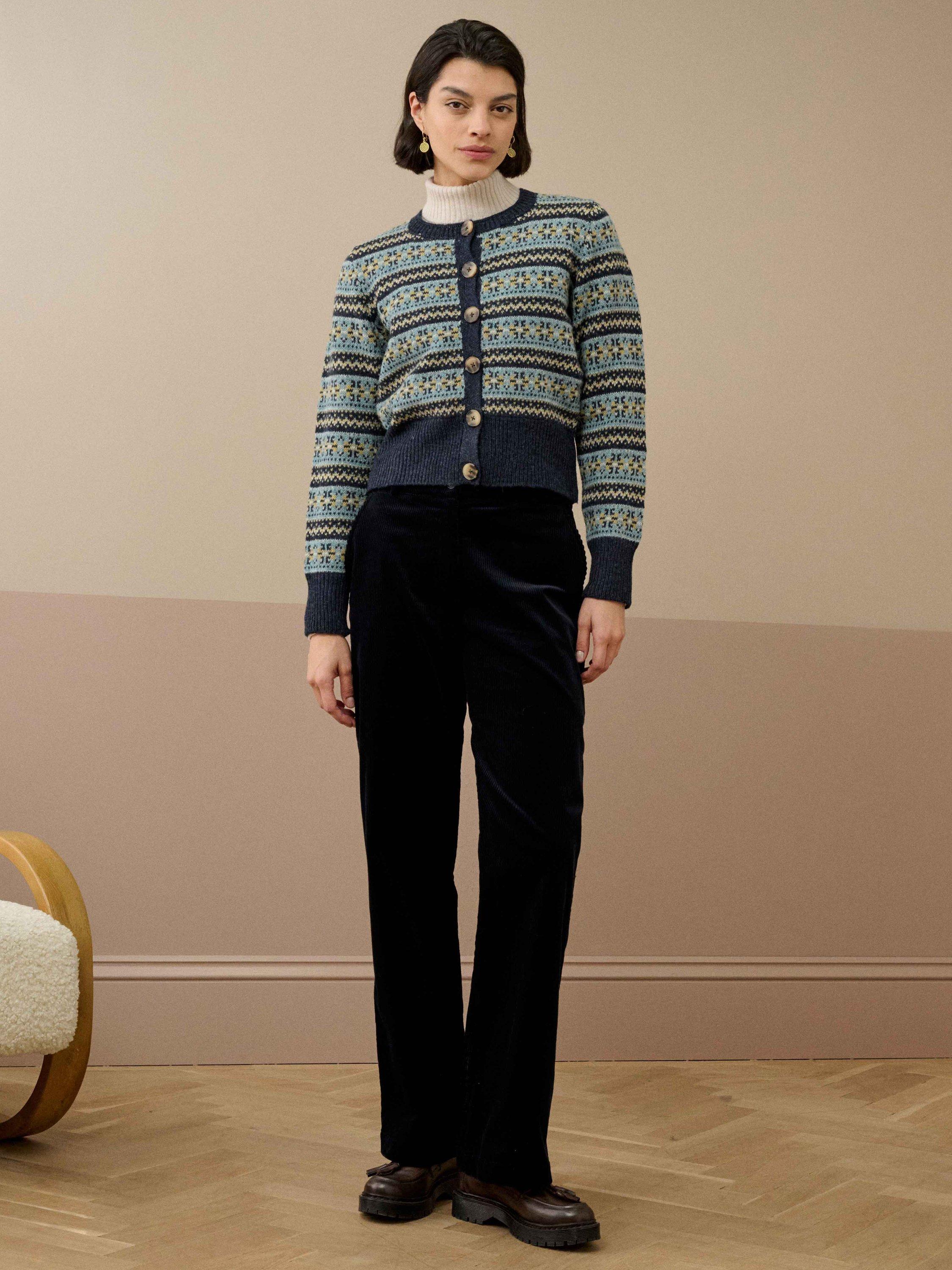 Product image 2 of 4, which shows Brora Fair Isle Pure Wool Cardigan, Navy/Multi, 8