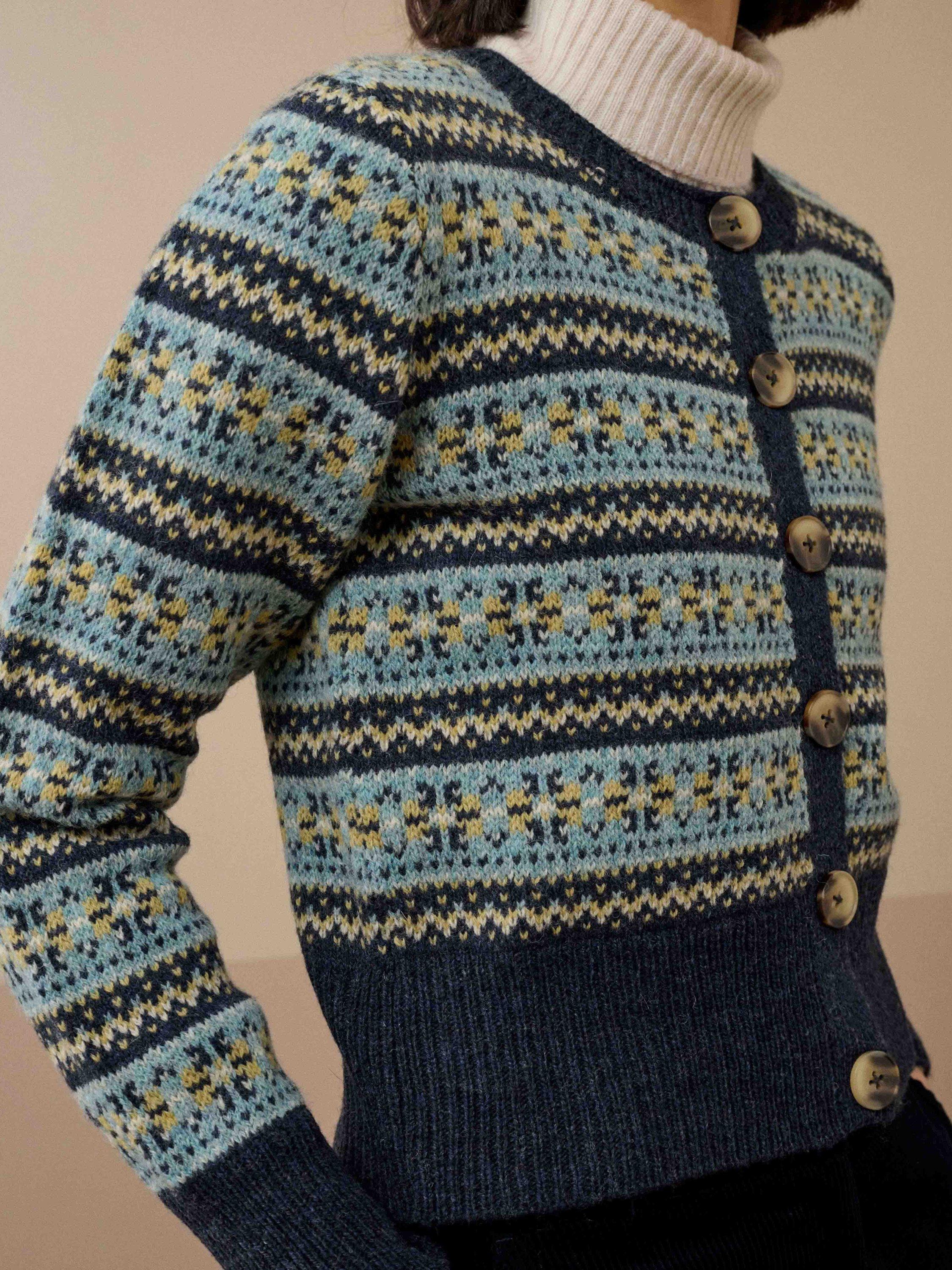 Product image 3 of 4, which shows Brora Fair Isle Pure Wool Cardigan, Navy/Multi, 8
