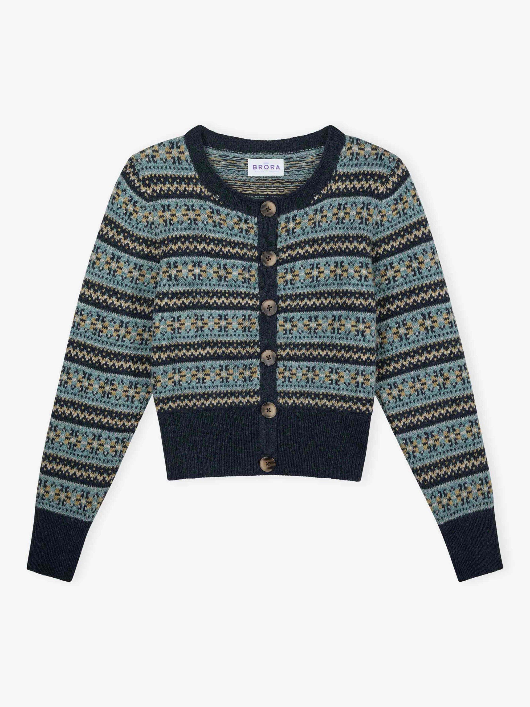 Product image 4 of 4, which shows Brora Fair Isle Pure Wool Cardigan, Navy/Multi, 8