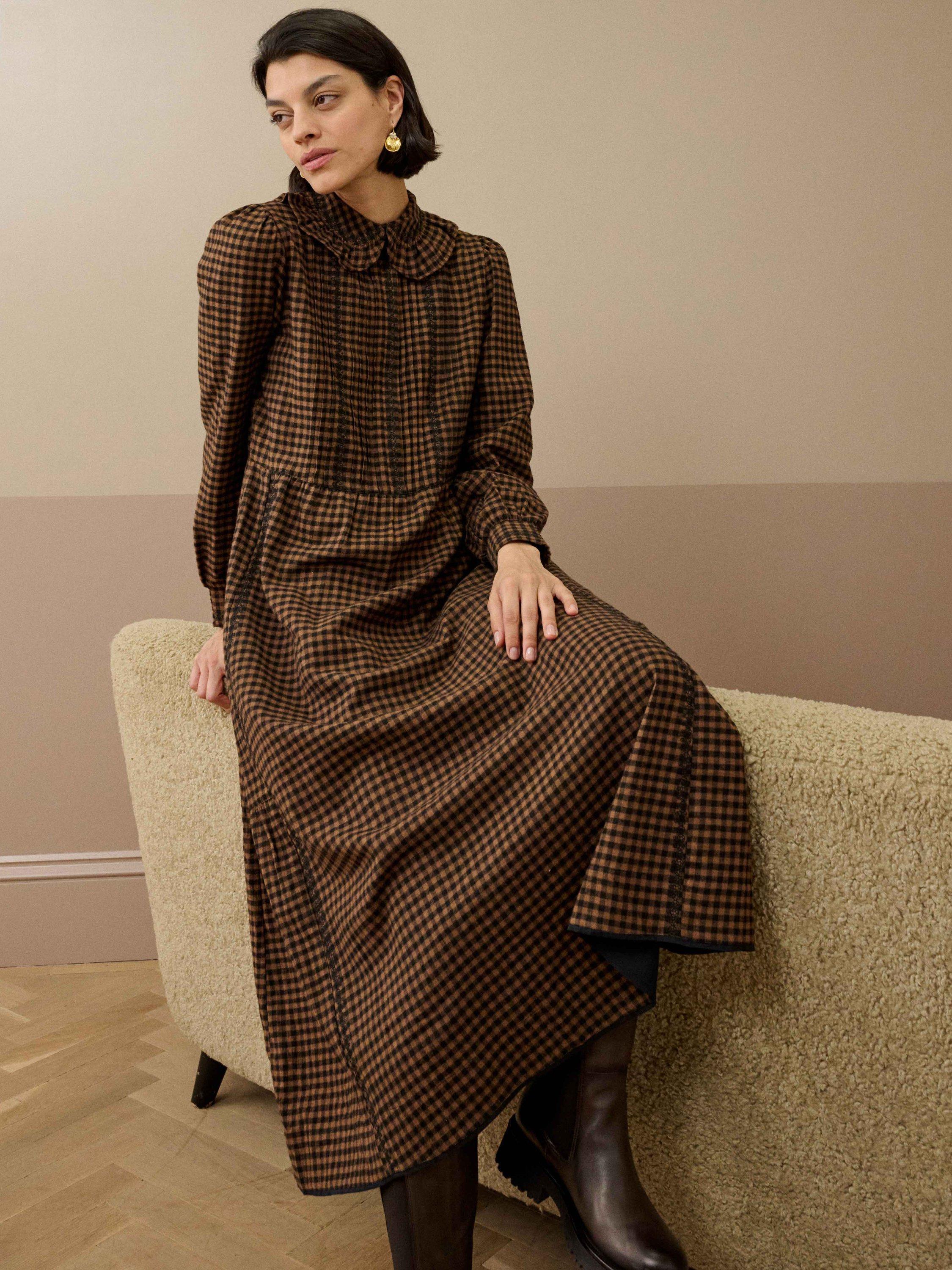 Product image 1 of 5, which shows Brora Cotton Gingham Shirt Dress, Charcoal/Mocha, 18