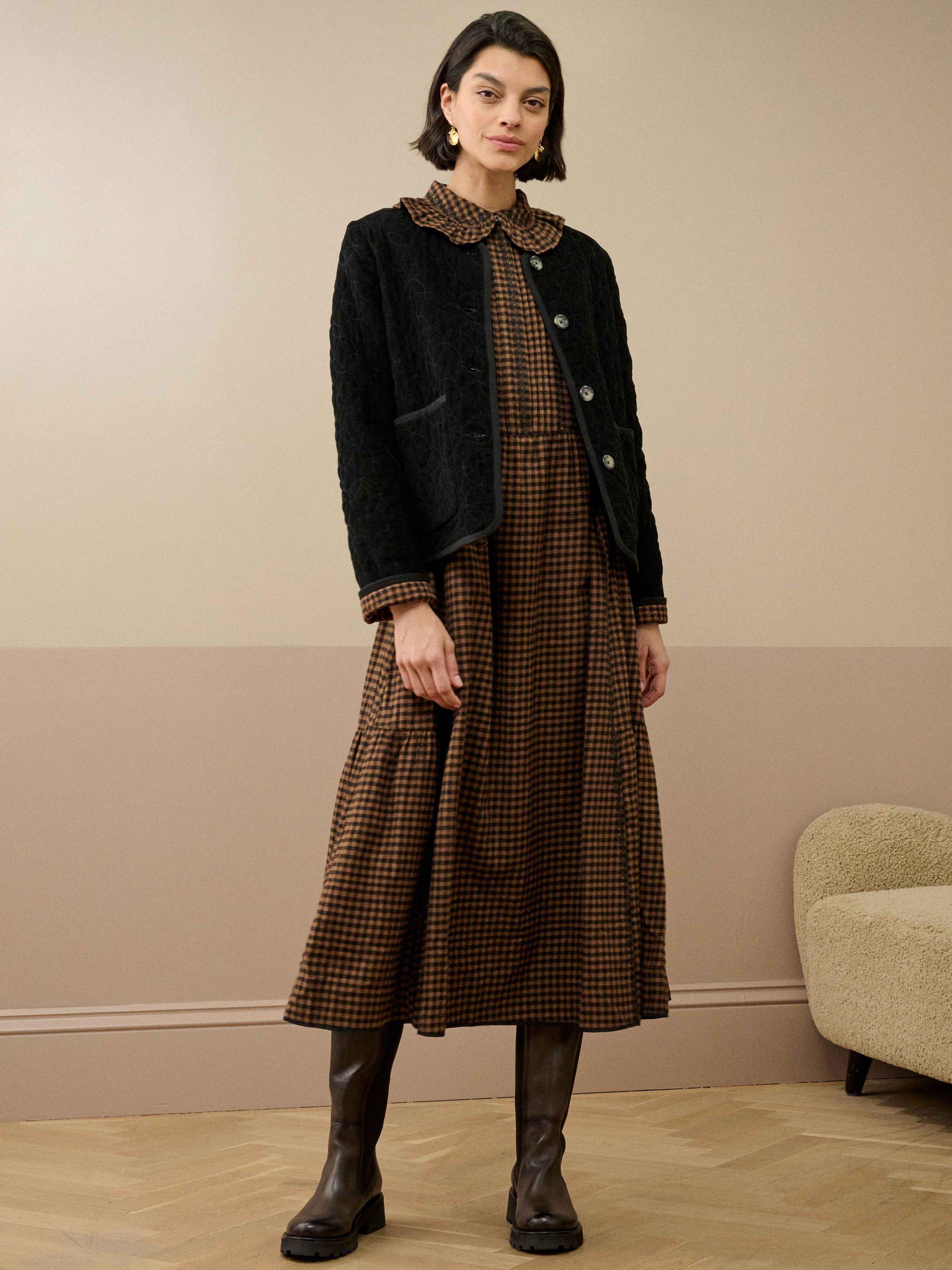 Product image 2 of 5, which shows Brora Cotton Gingham Shirt Dress, Charcoal/Mocha, 18