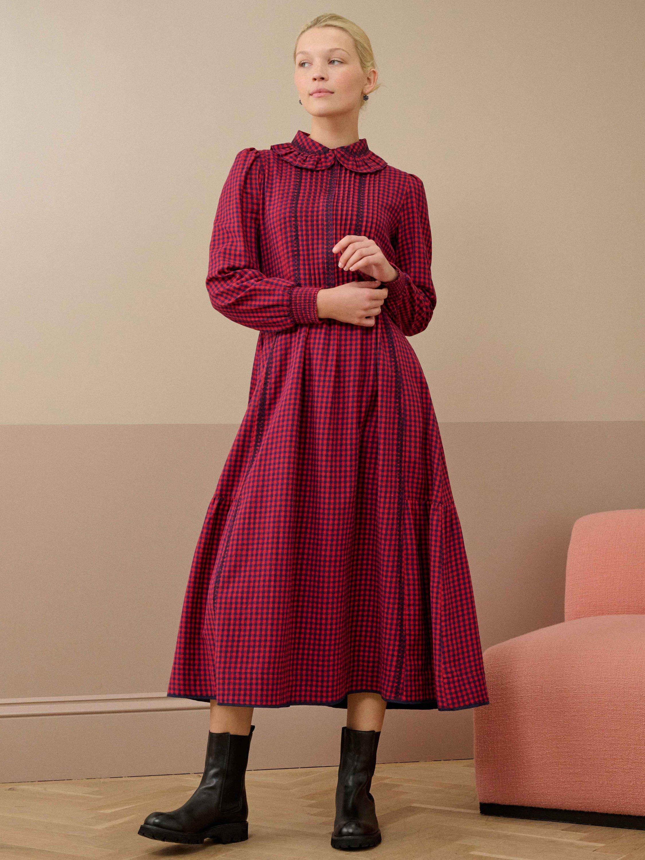 Product image 1 of 5, which shows Brora Cotton Gingham Shirt Dress, Navy/Redcurrant, 8