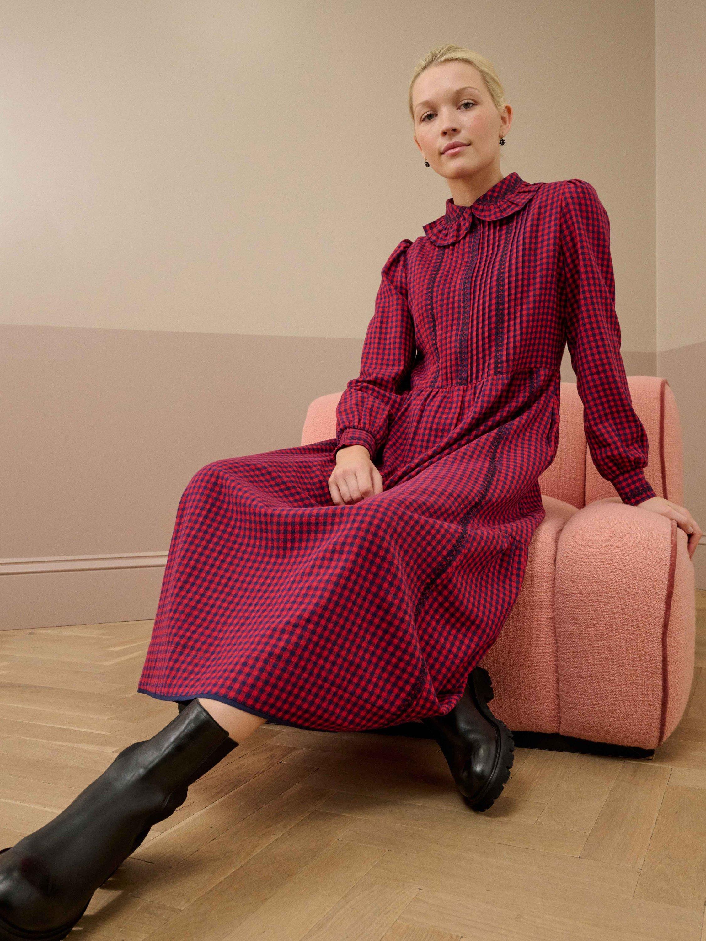 Product image 2 of 5, which shows Brora Cotton Gingham Shirt Dress, Navy/Redcurrant, 8