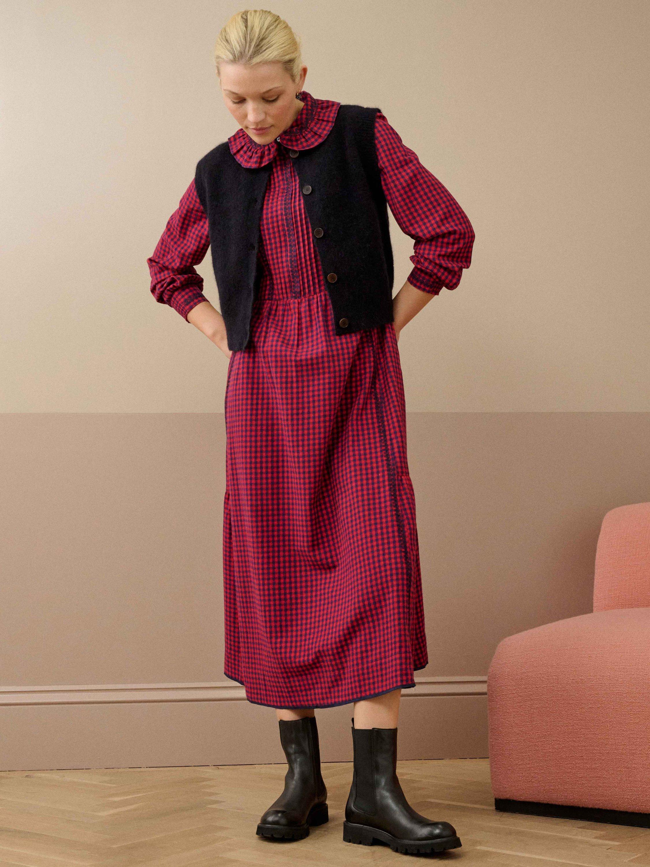 Product image 3 of 5, which shows Brora Cotton Gingham Shirt Dress, Navy/Redcurrant, 8