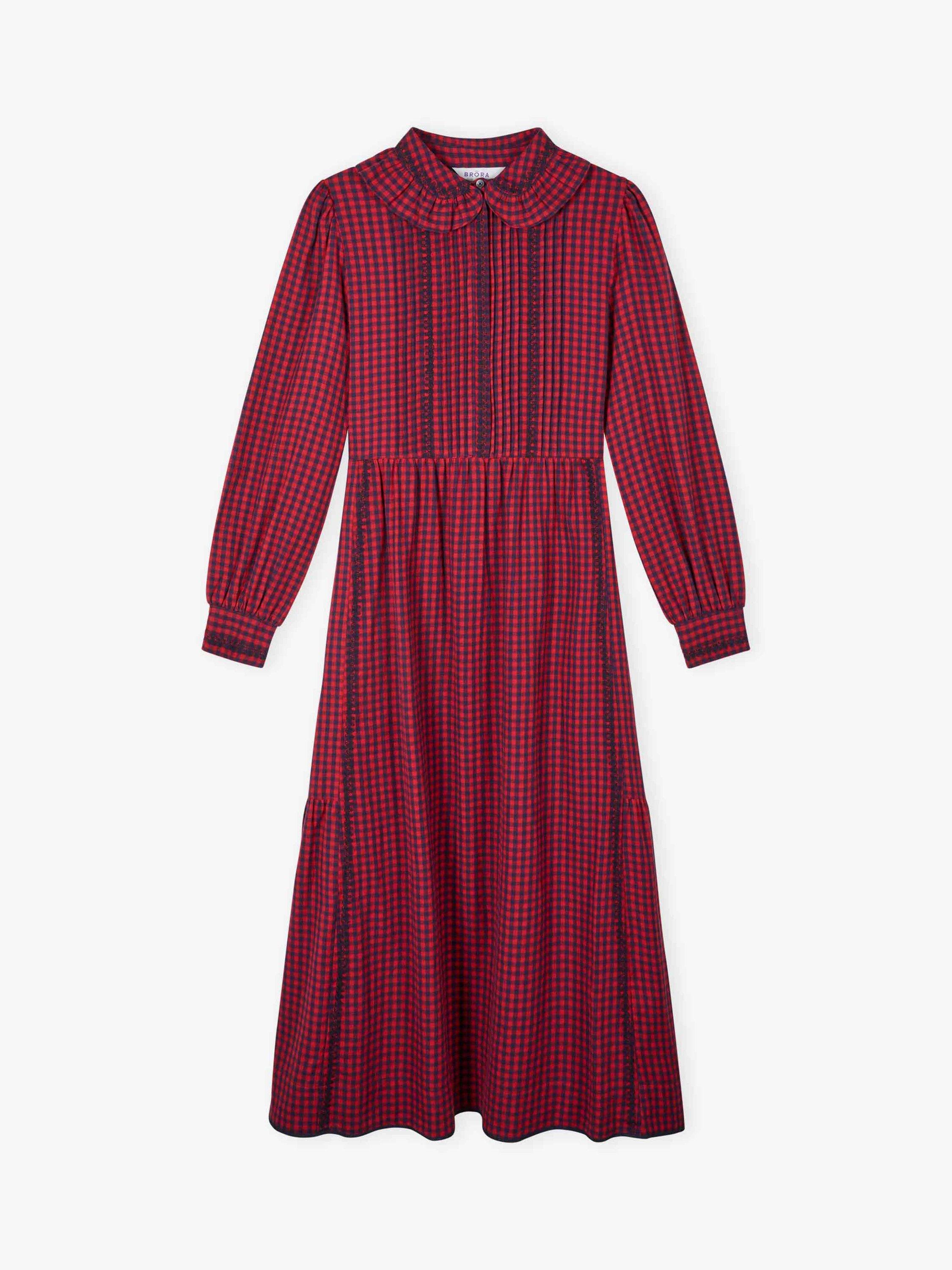 Product image 5 of 5, which shows Brora Cotton Gingham Shirt Dress, Navy/Redcurrant, 8