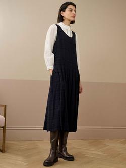 Brora Check Pleat Pinafore Dress, Navy/Black, Navy/Black