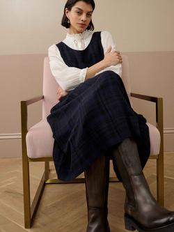 Brora Check Pleat Pinafore Dress, Navy/Black - view 2, Navy/Black