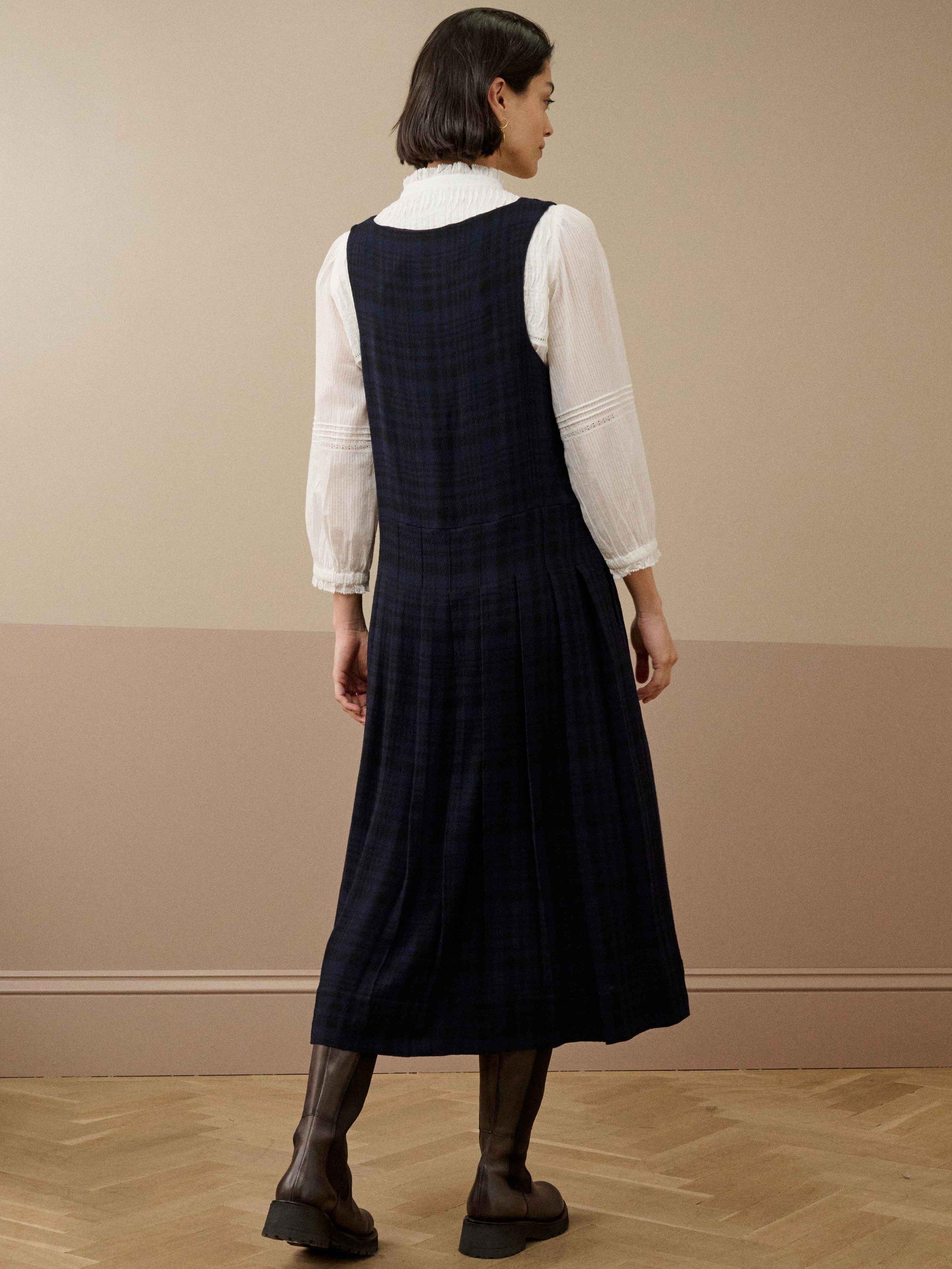 Product image 4 of 5, which shows Brora Check Pleat Pinafore Dress, Navy/Black, 8