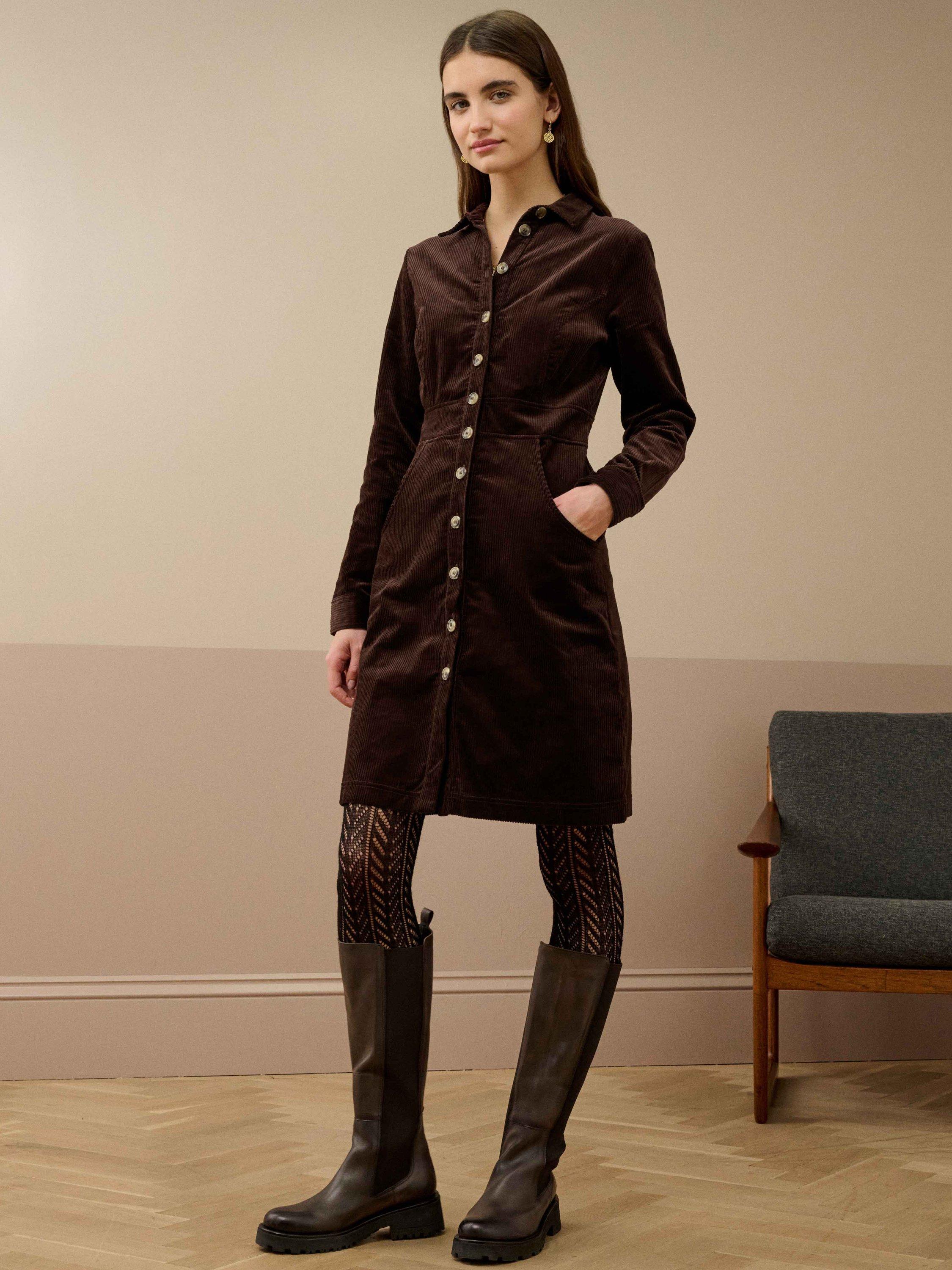 Product image 1 of 5, which shows Brora Cotton Corduroy Buttoned Shirt Dress, Chocolate, 6