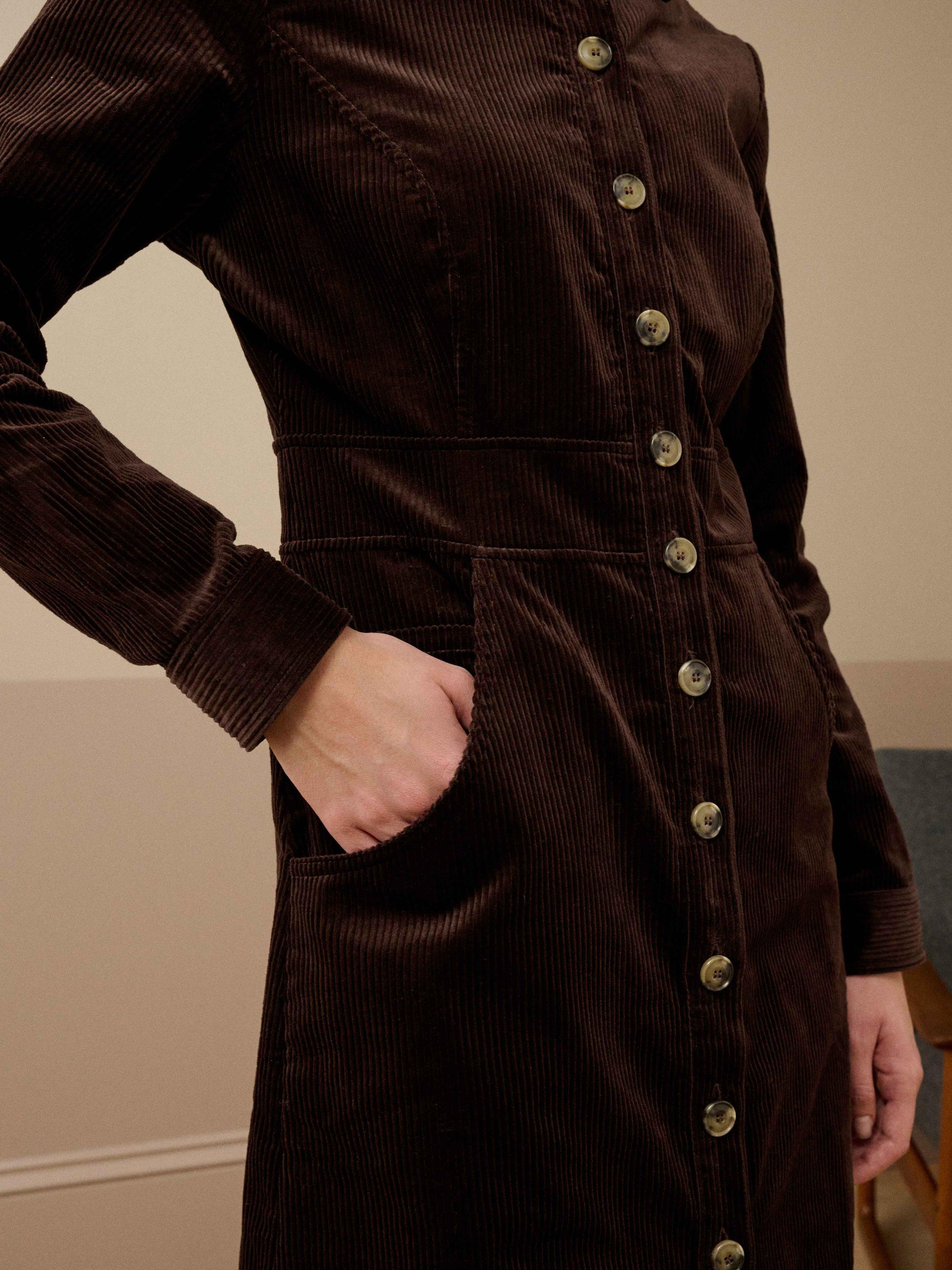 Product image 3 of 5, which shows Brora Cotton Corduroy Buttoned Shirt Dress, Chocolate, 6
