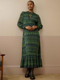 Brora Silk Floral Smock Midi Dress, Navy/Sage, Navy/Sage