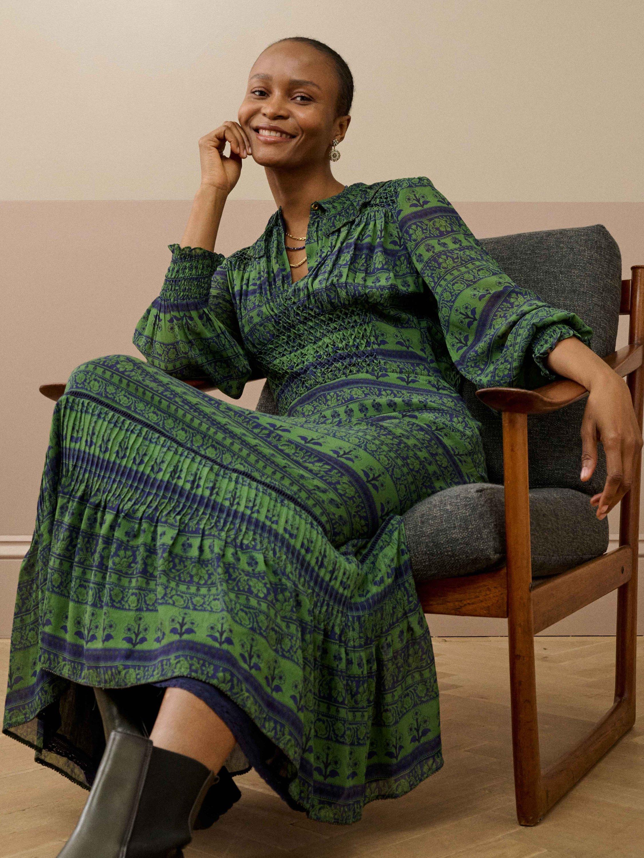 Product image 2 of 4, which shows Brora Silk Floral Smock Midi Dress, Navy/Sage, 8