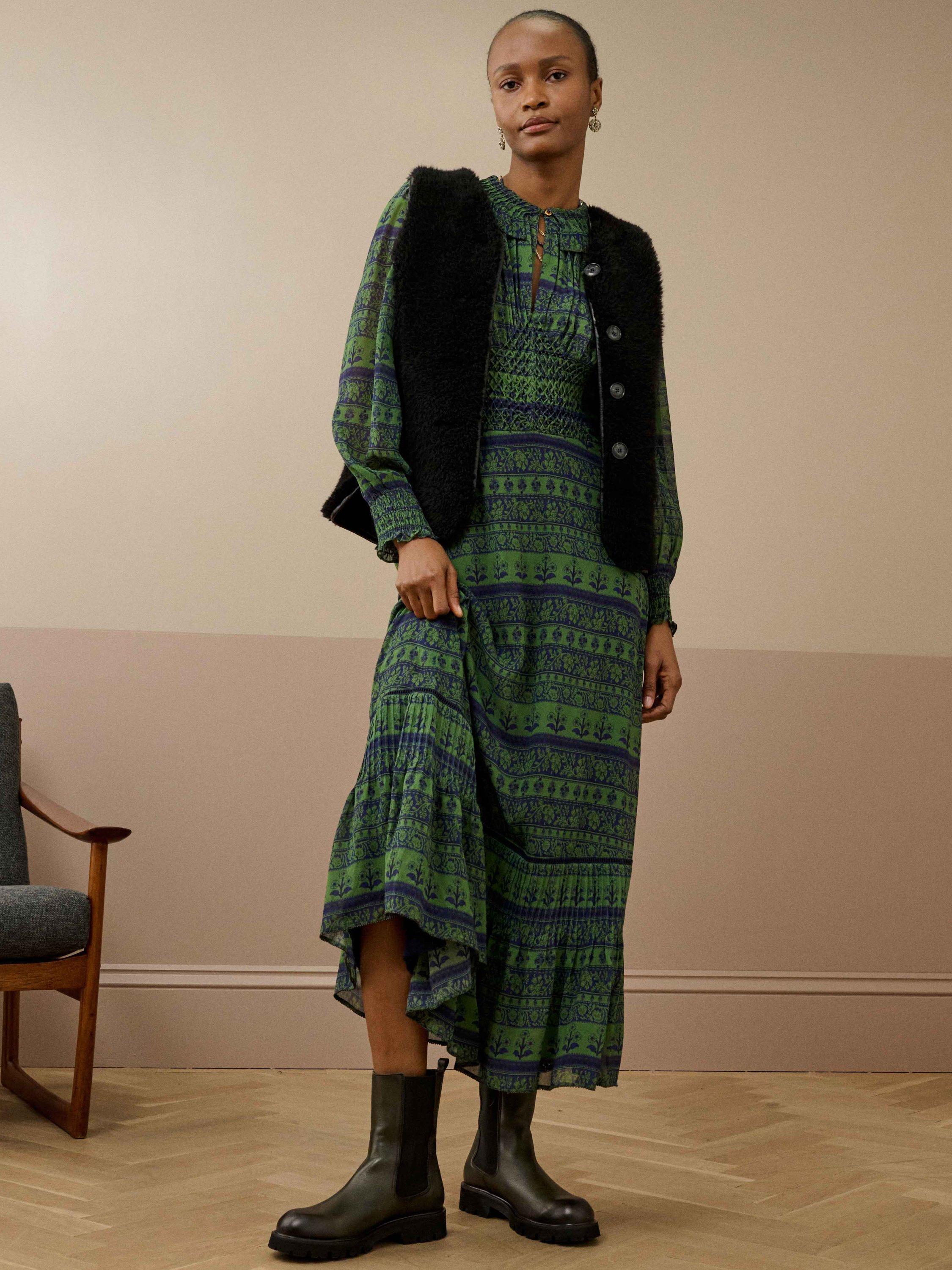 Product image 3 of 4, which shows Brora Silk Floral Smock Midi Dress, Navy/Sage, 8