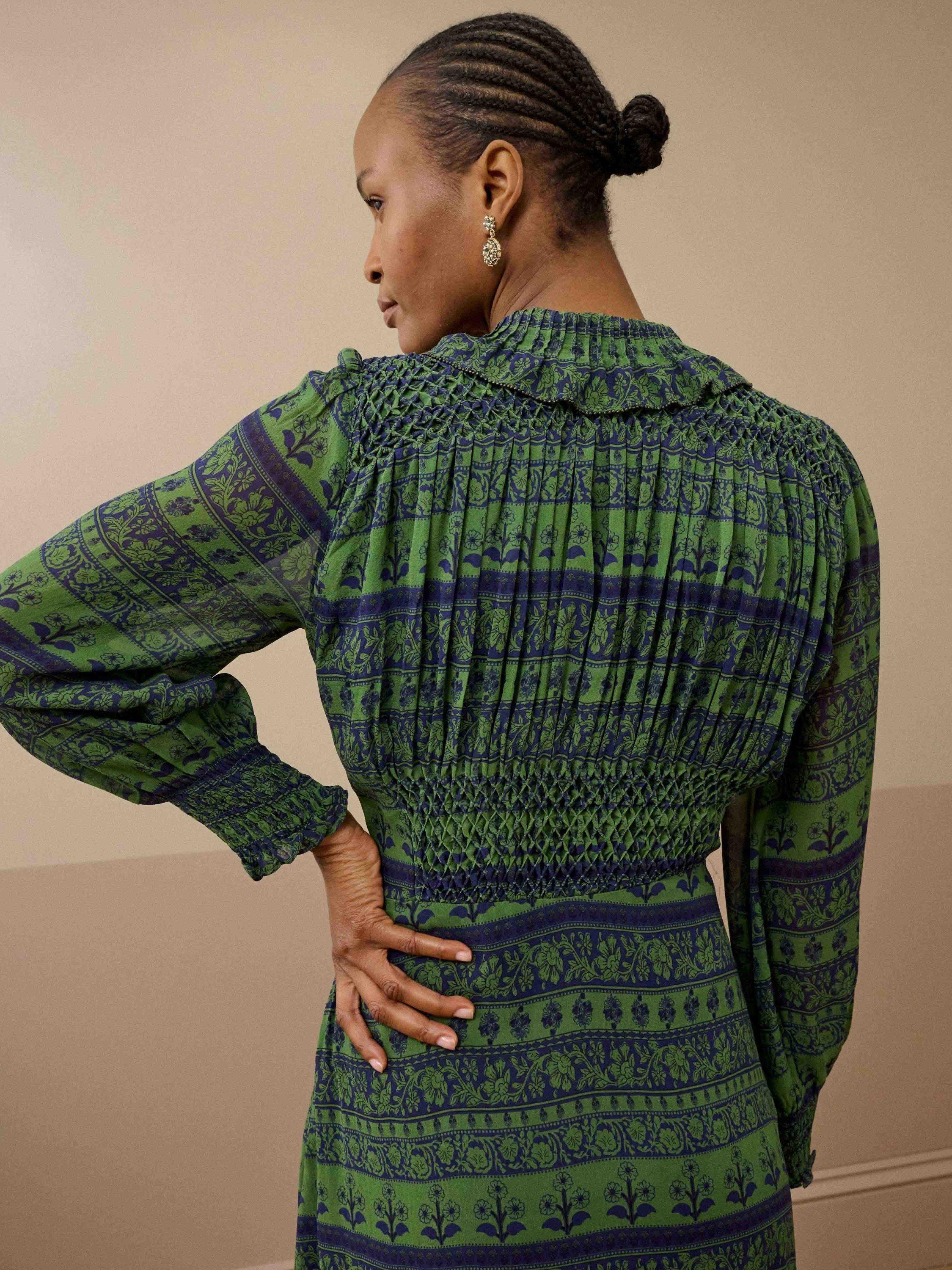 Product image 4 of 4, which shows Brora Silk Floral Smock Midi Dress, Navy/Sage, 8