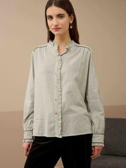 Brora Brushed Cotton Check Frill Trim Shirt, Ivory/Mallard, Ivory/Mallard