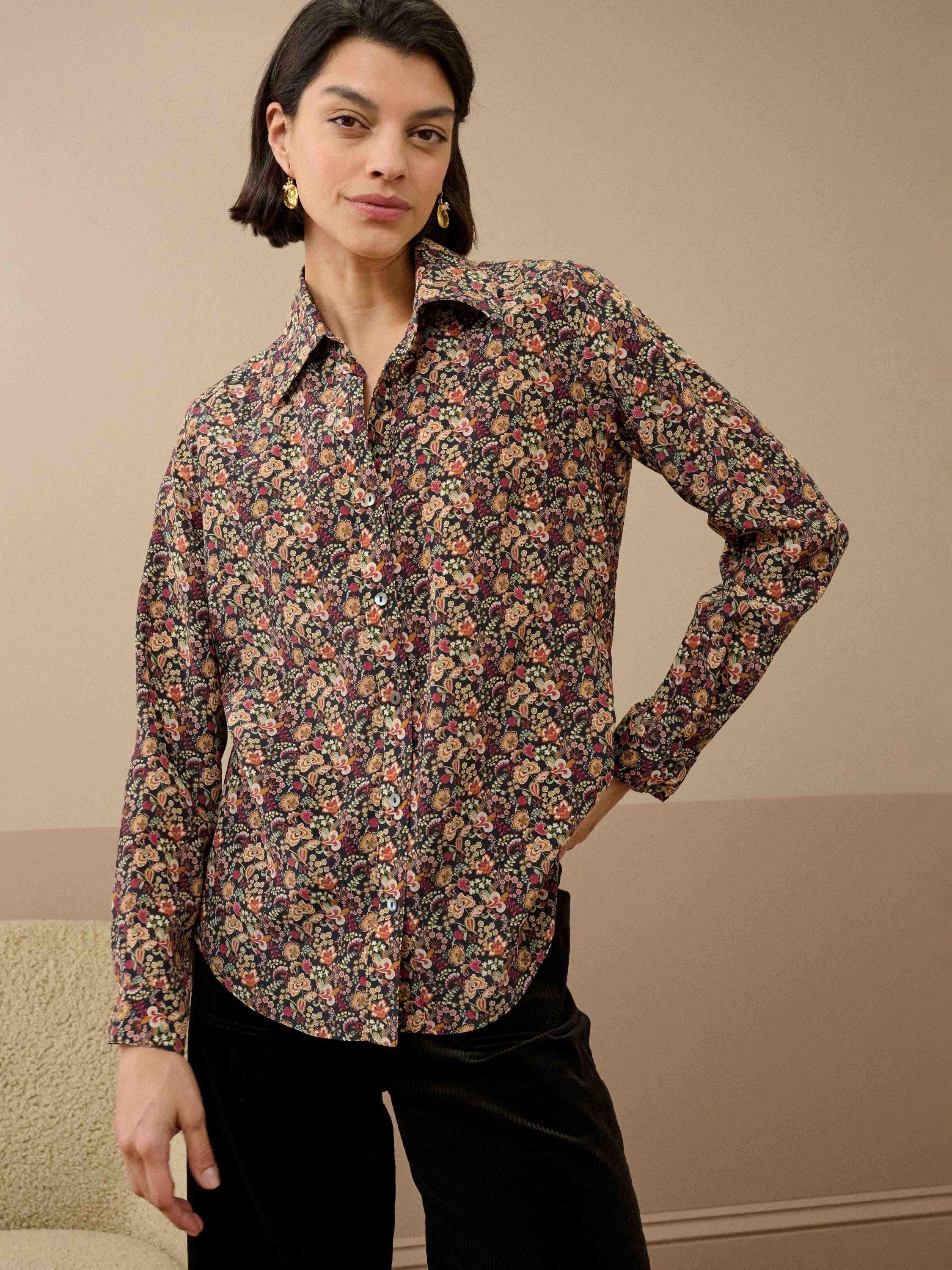 Product image 1 of 5, which shows Brora Silk Floral Liberty Print Shirt, Berry/Multi, 6