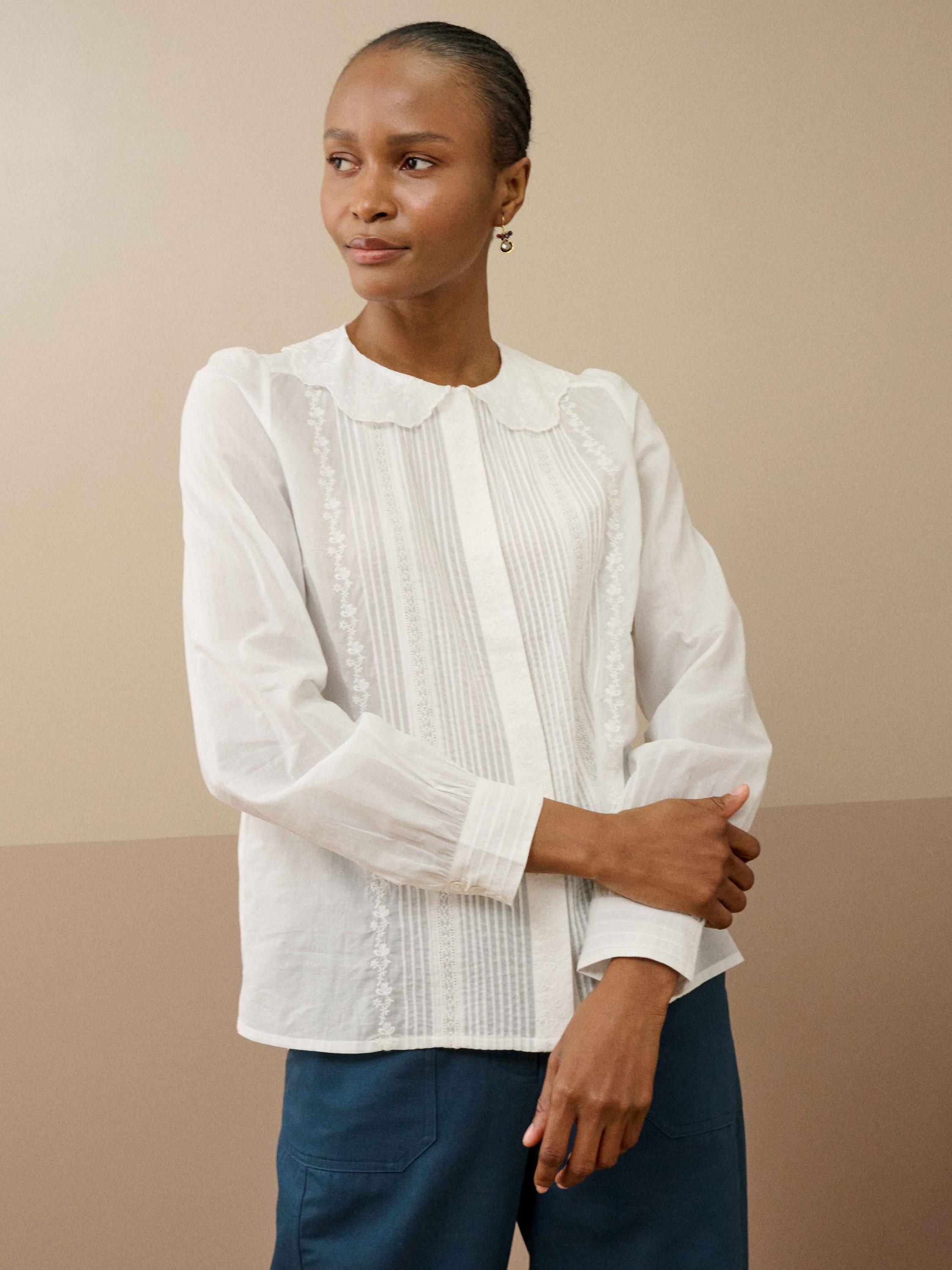 Product image 1 of 5, which shows Brora Cotton Floral Embroidered Scallop Collar Blouse, White, 10
