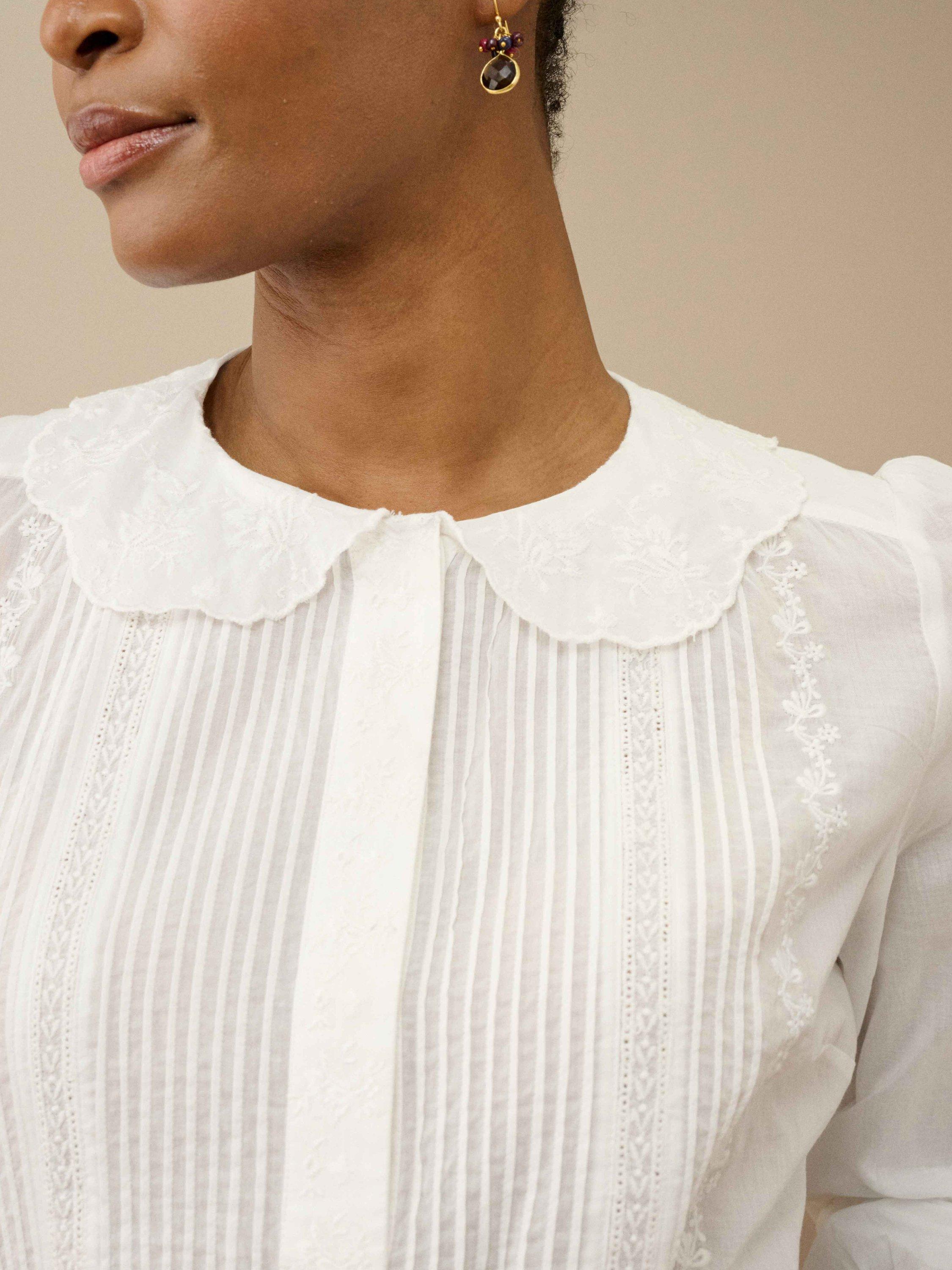 Product image 3 of 5, which shows Brora Cotton Floral Embroidered Scallop Collar Blouse, White, 10
