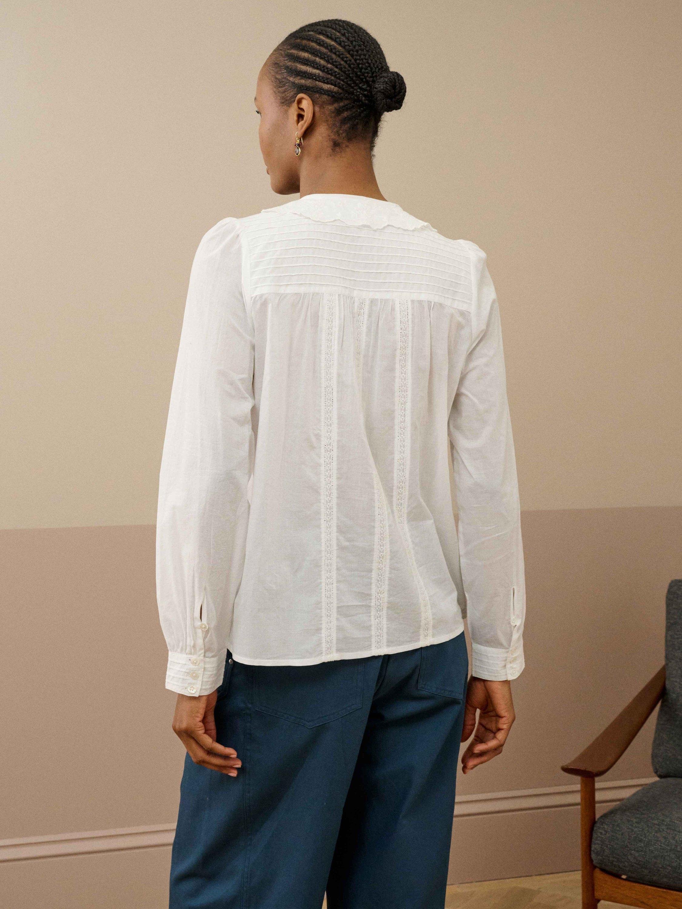 Product image 4 of 5, which shows Brora Cotton Floral Embroidered Scallop Collar Blouse, White, 10