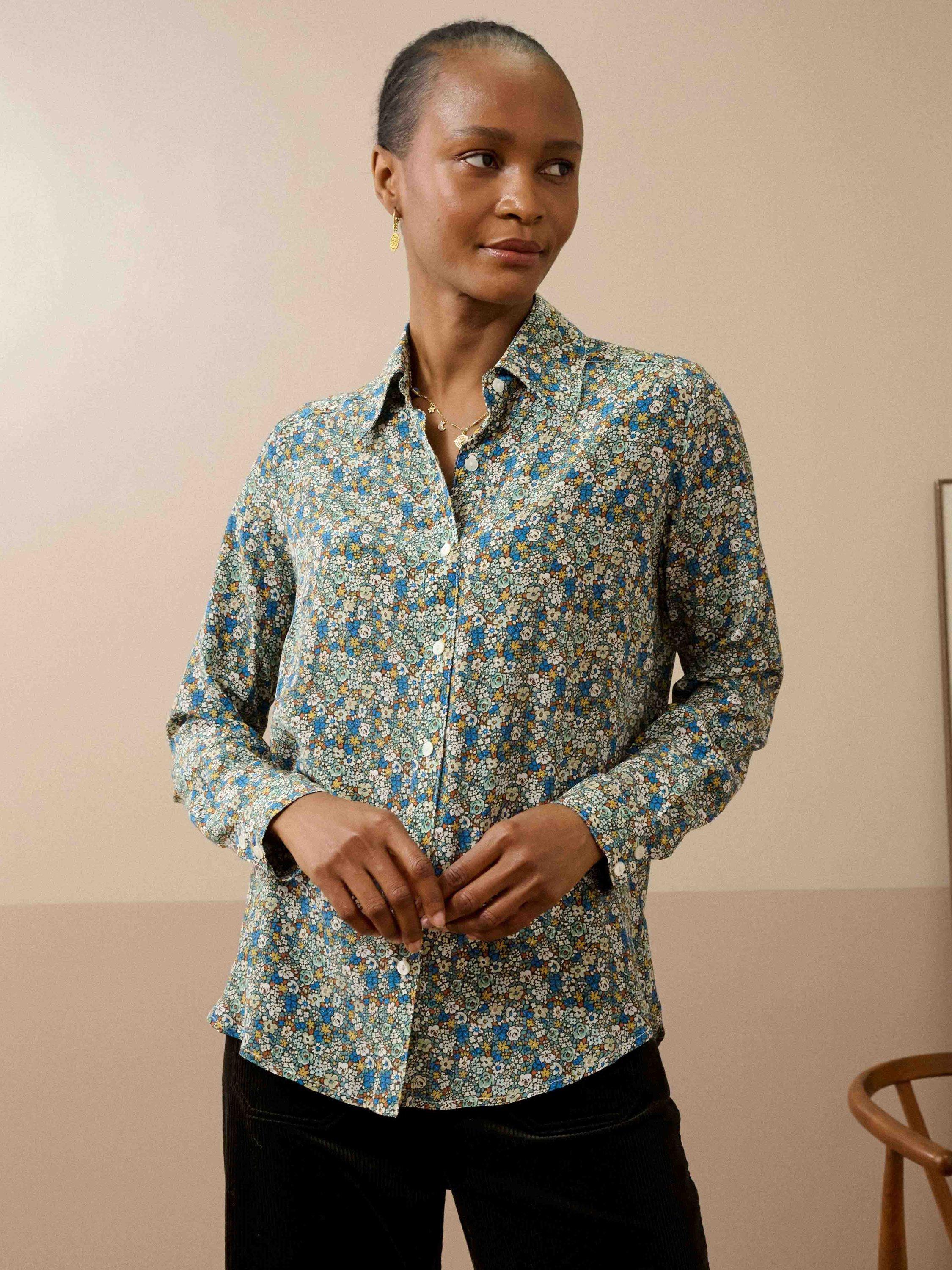Product image 1 of 5, which shows Brora Silk Floral Liberty Print Shirt, Teal/Multi, 6