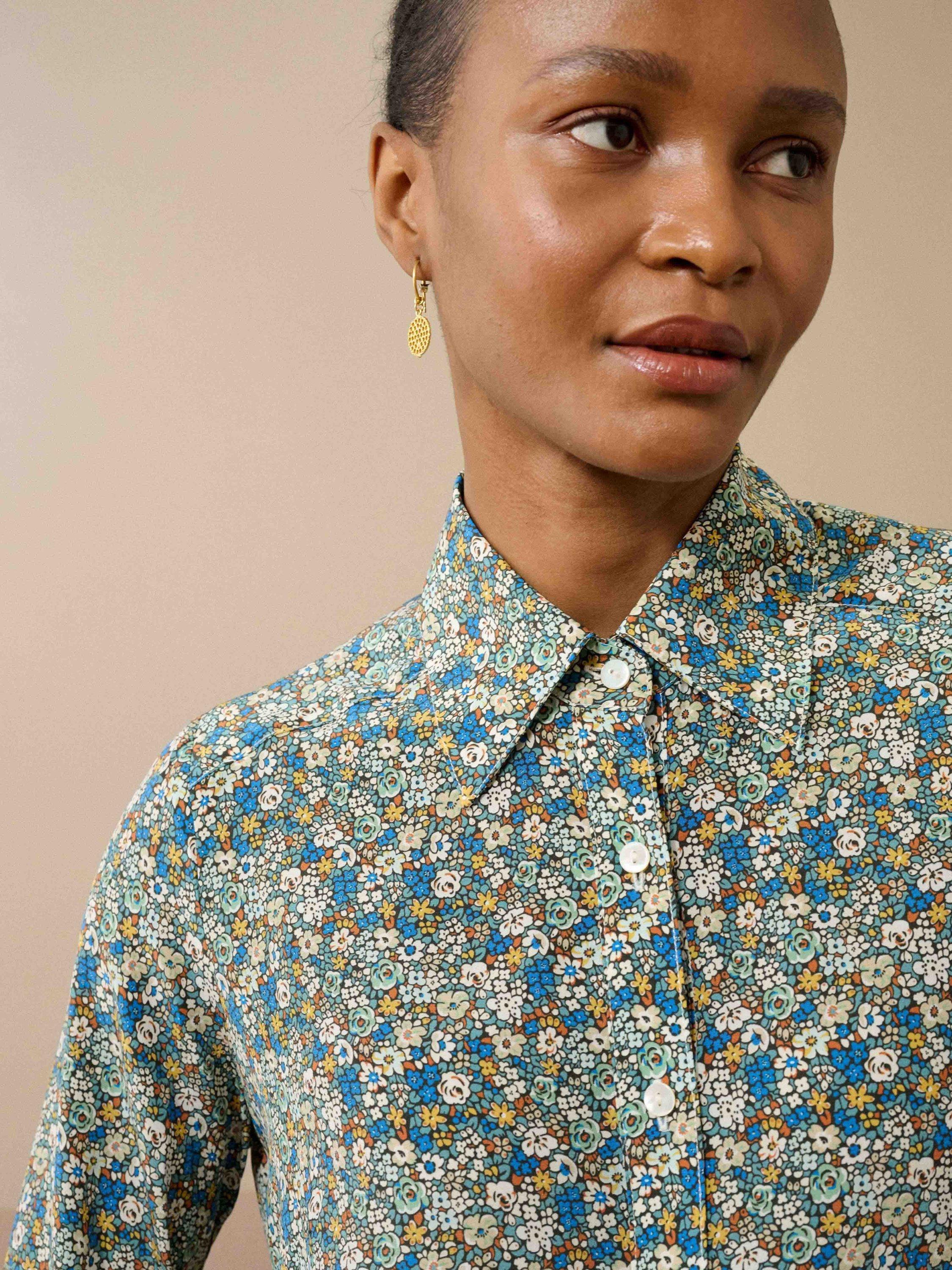 Product image 3 of 5, which shows Brora Silk Floral Liberty Print Shirt, Teal/Multi, 6